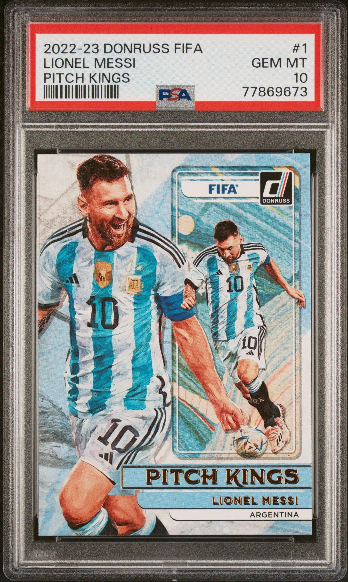 2022 Panini Donruss Fifa Pitch Kings 1 Lionel Messi PSA 10