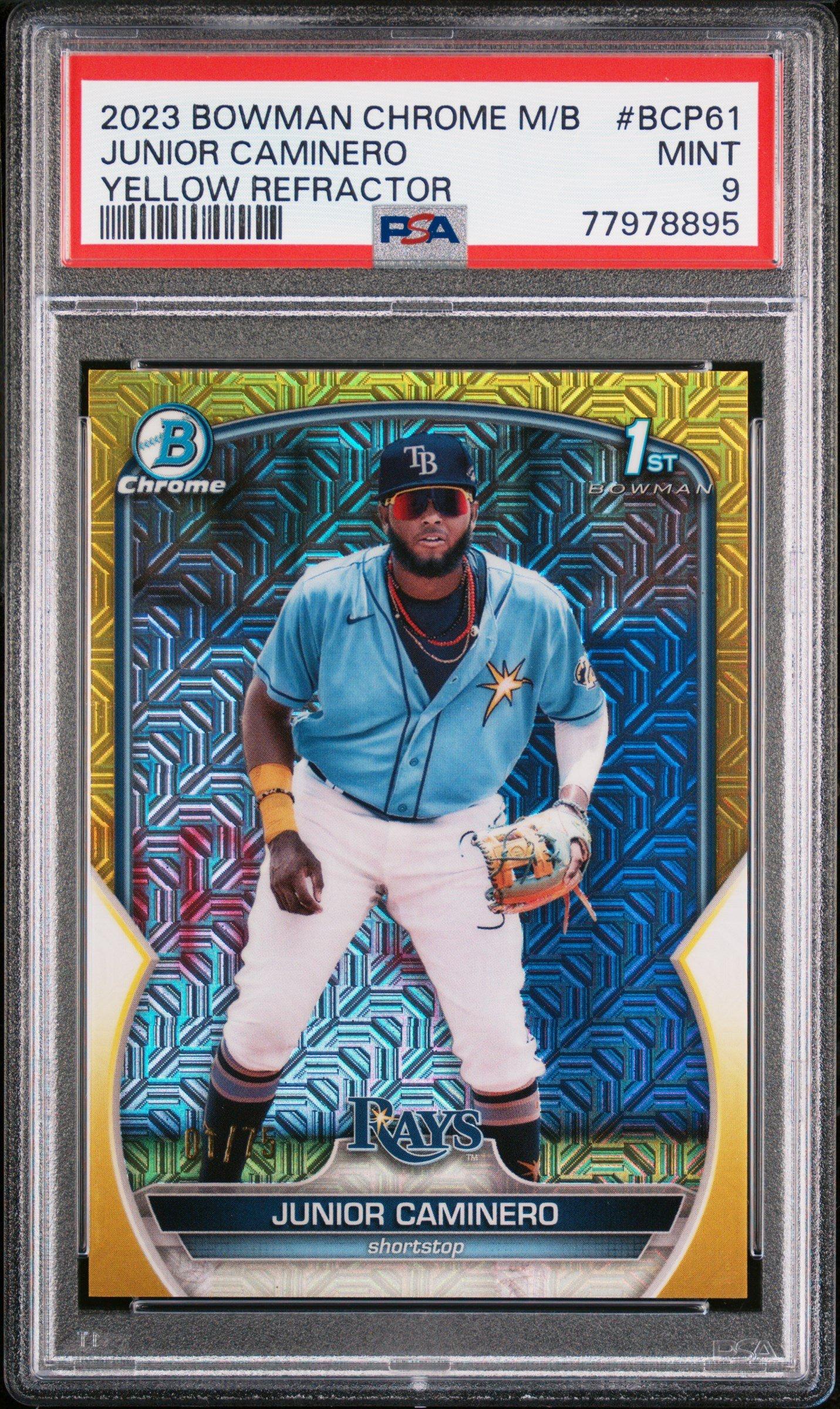 2023 Bowman Mega Box Chrome 61 Junior Caminero Yellow Refractor PSA 9