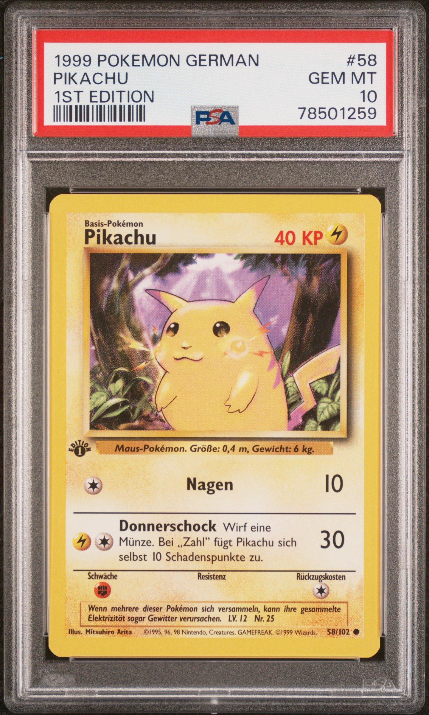 1999 Pokemon German 58 Pikachu 1st Edition PSA 10 Graded Card