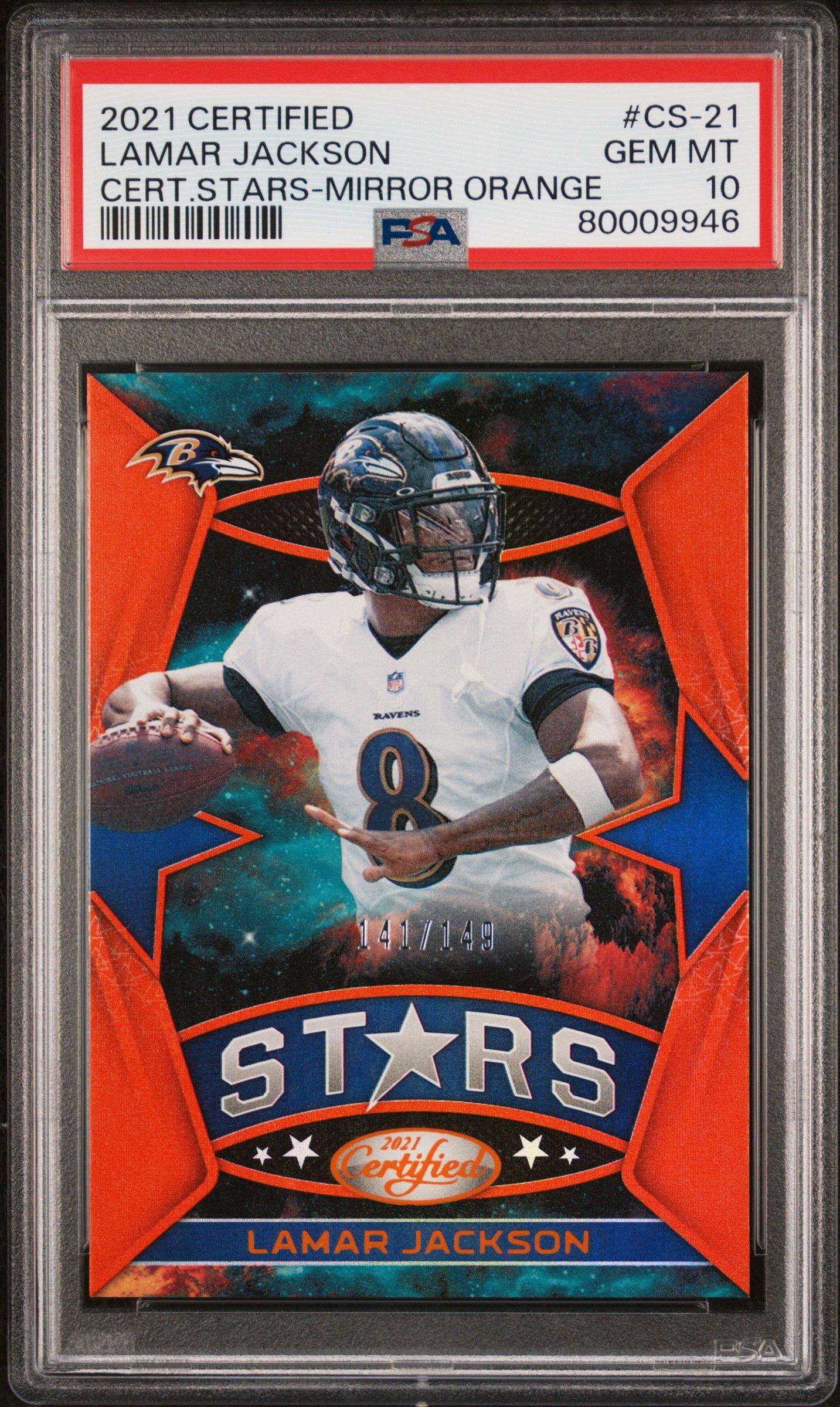 lamar jackson graded card 2021 Panini Certified Certified Stars Cs-21 Lamar Jackson Mirror Orange PSA  10