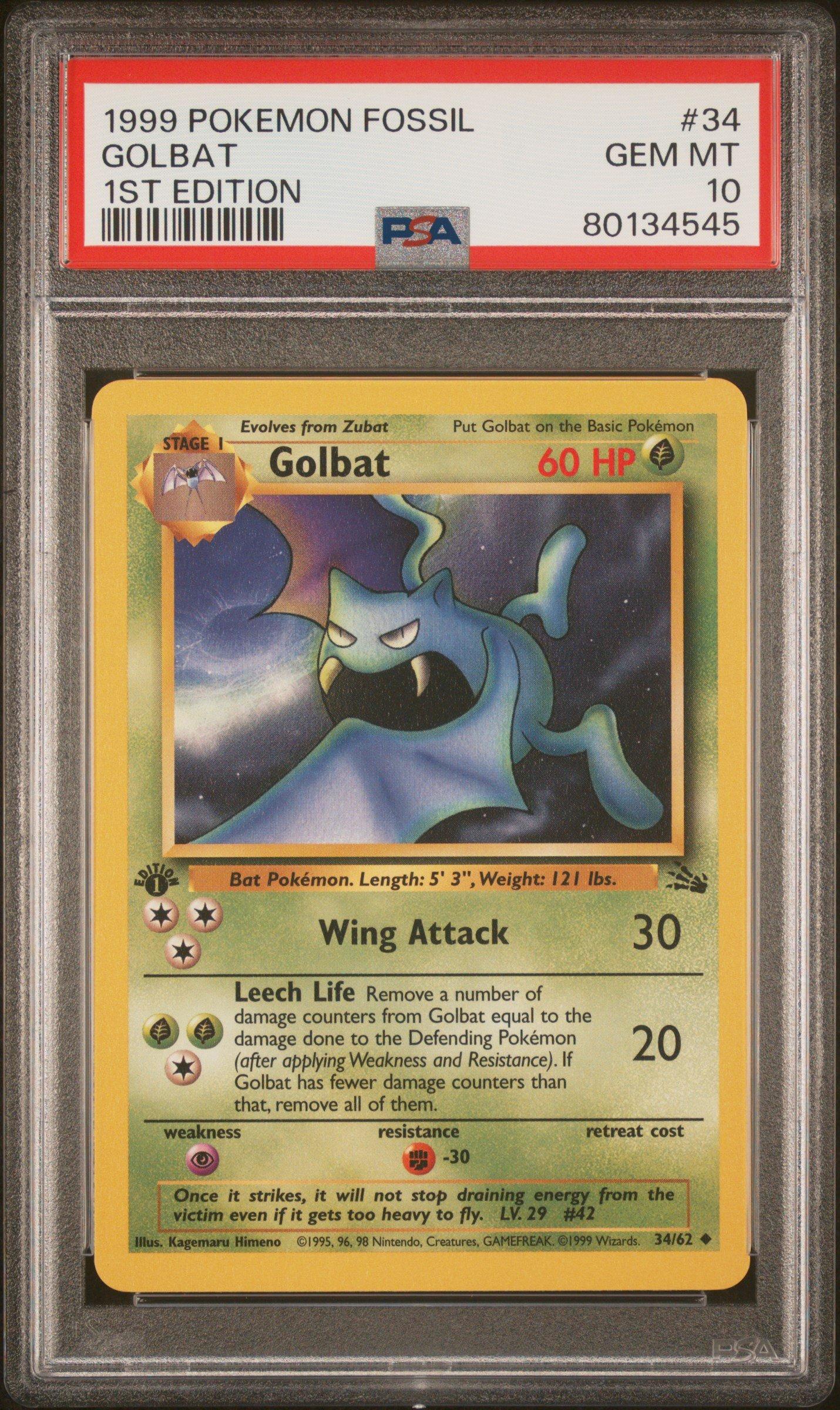 1999 Pokemon Fossil 34 Golbat 1st Edition PSA 10