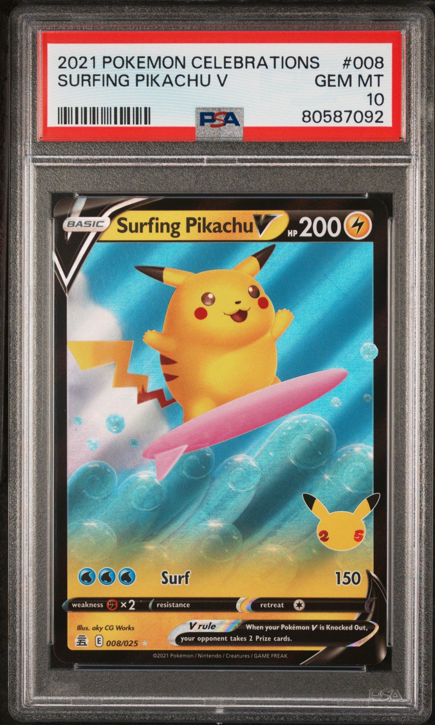 2021 Pokemon Celebrations 008 Surfing Pikachu V PSA 10 Graded Card