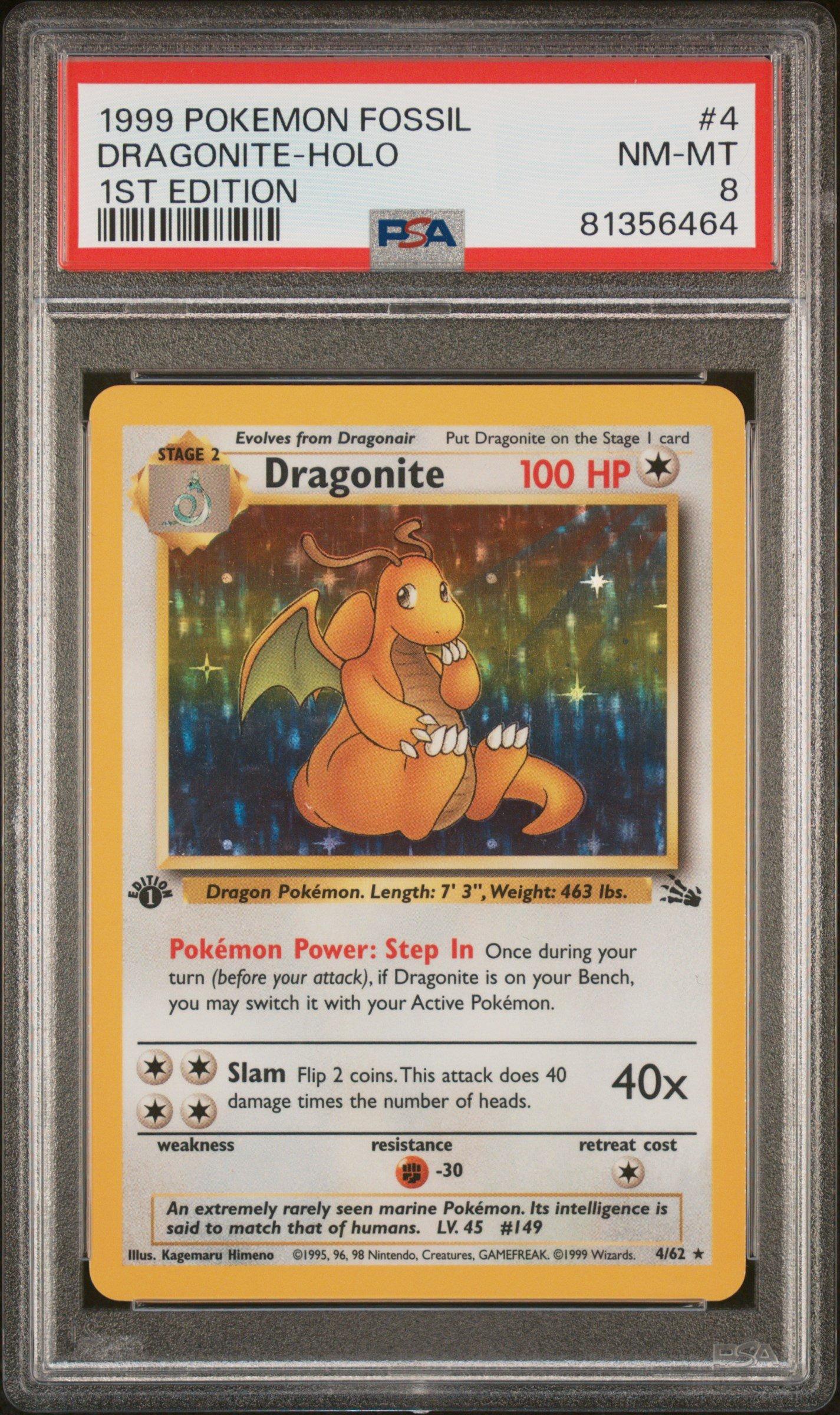 1999 Pokemon Fossil 4 Dragonite-holo 1st Edition PSA 8