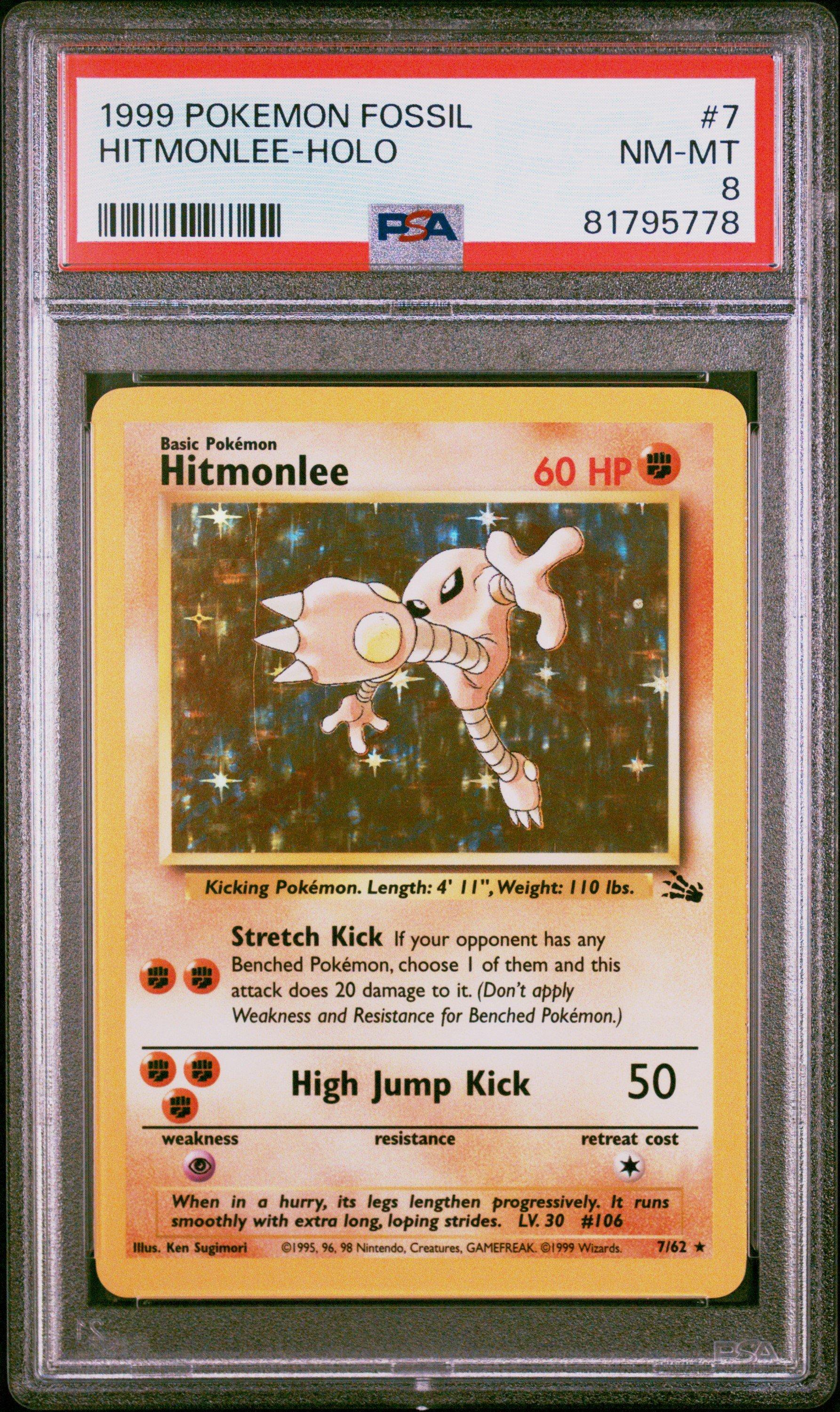 hitmonlee pokemon card 1999 Pokemon Fossil 7 Hitmonlee-holo PSA 8