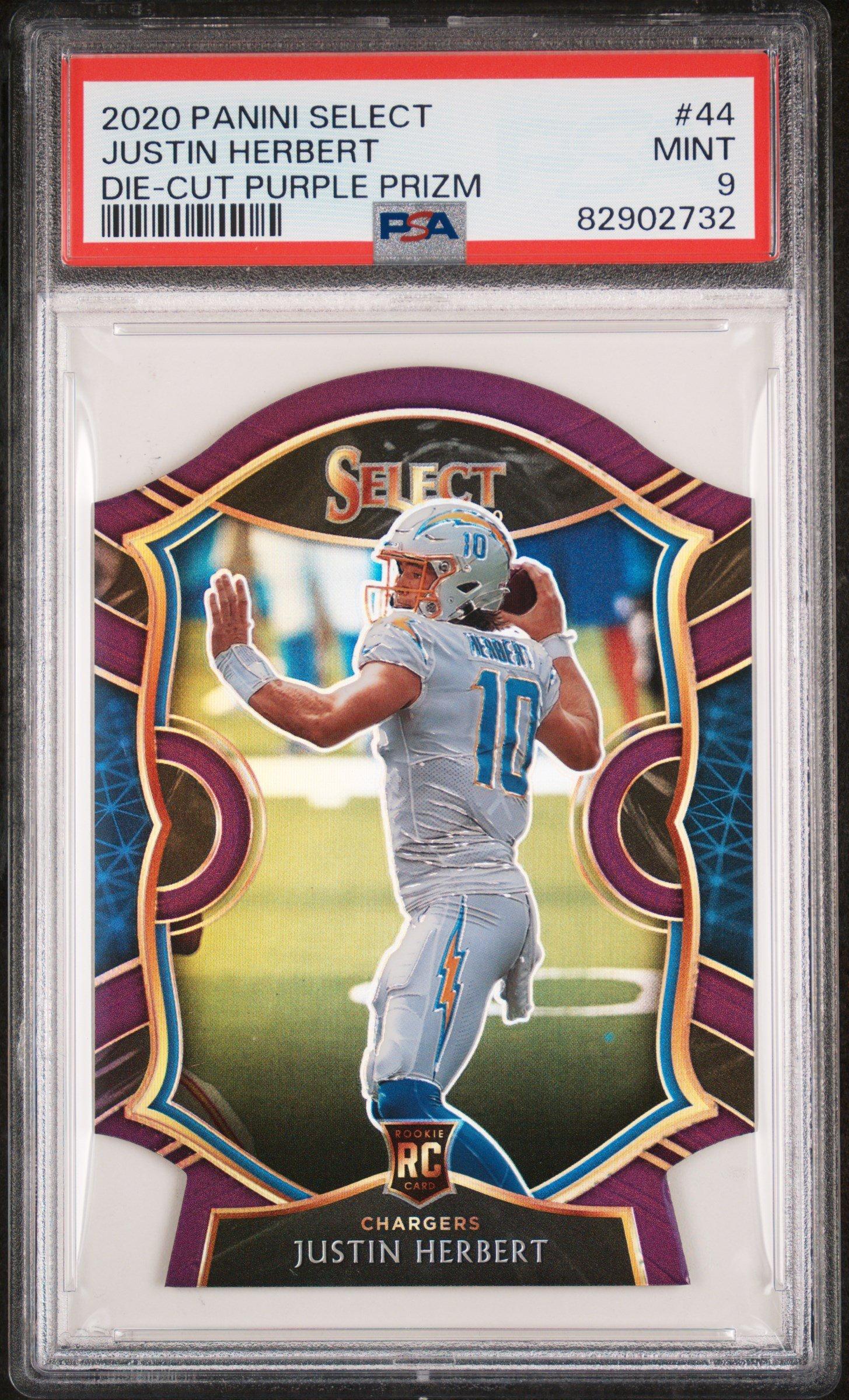 2020 Panini Select 44 Justin Herbert Die-cut Purple Prizm PSA 9