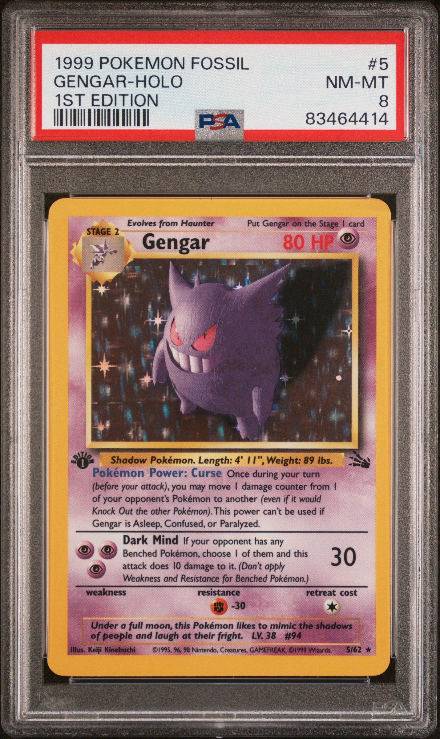 1999 Pokemon Fossil 5 Gengar-holo 1st Edition PSA 8 Graded Card