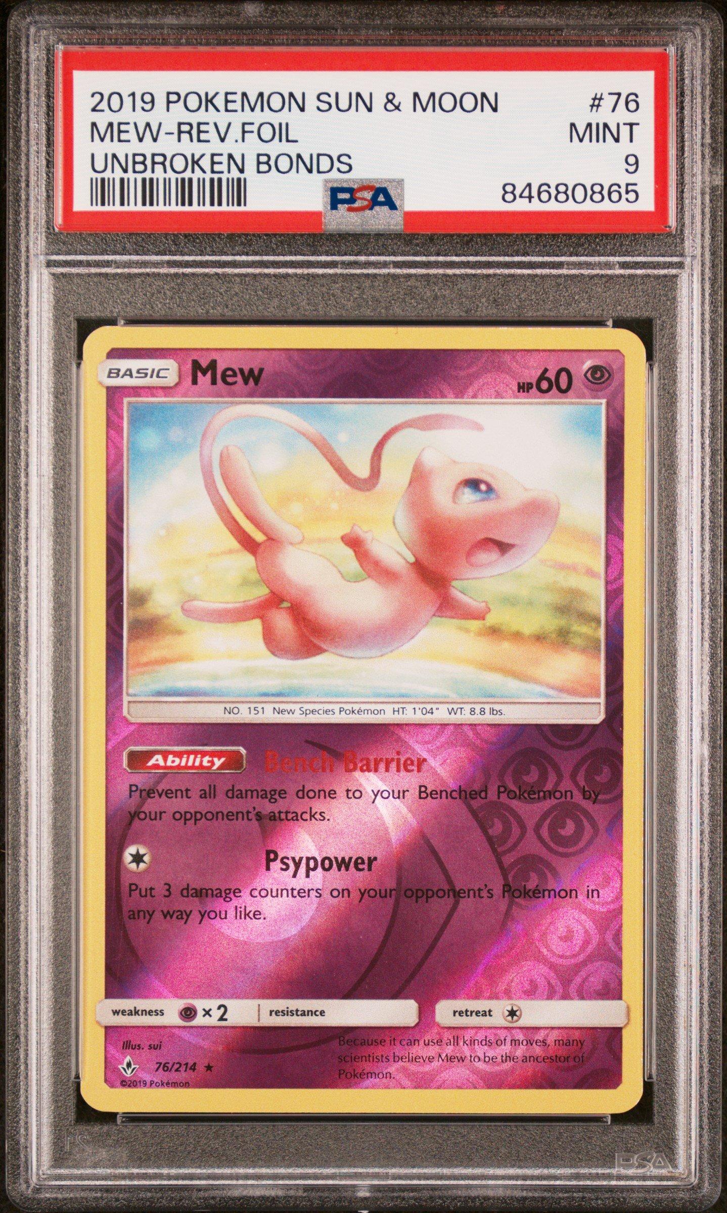 2019 Pokemon Sun & Moon Unbroken Bonds 76 Mew-reverse Foil PSA 9