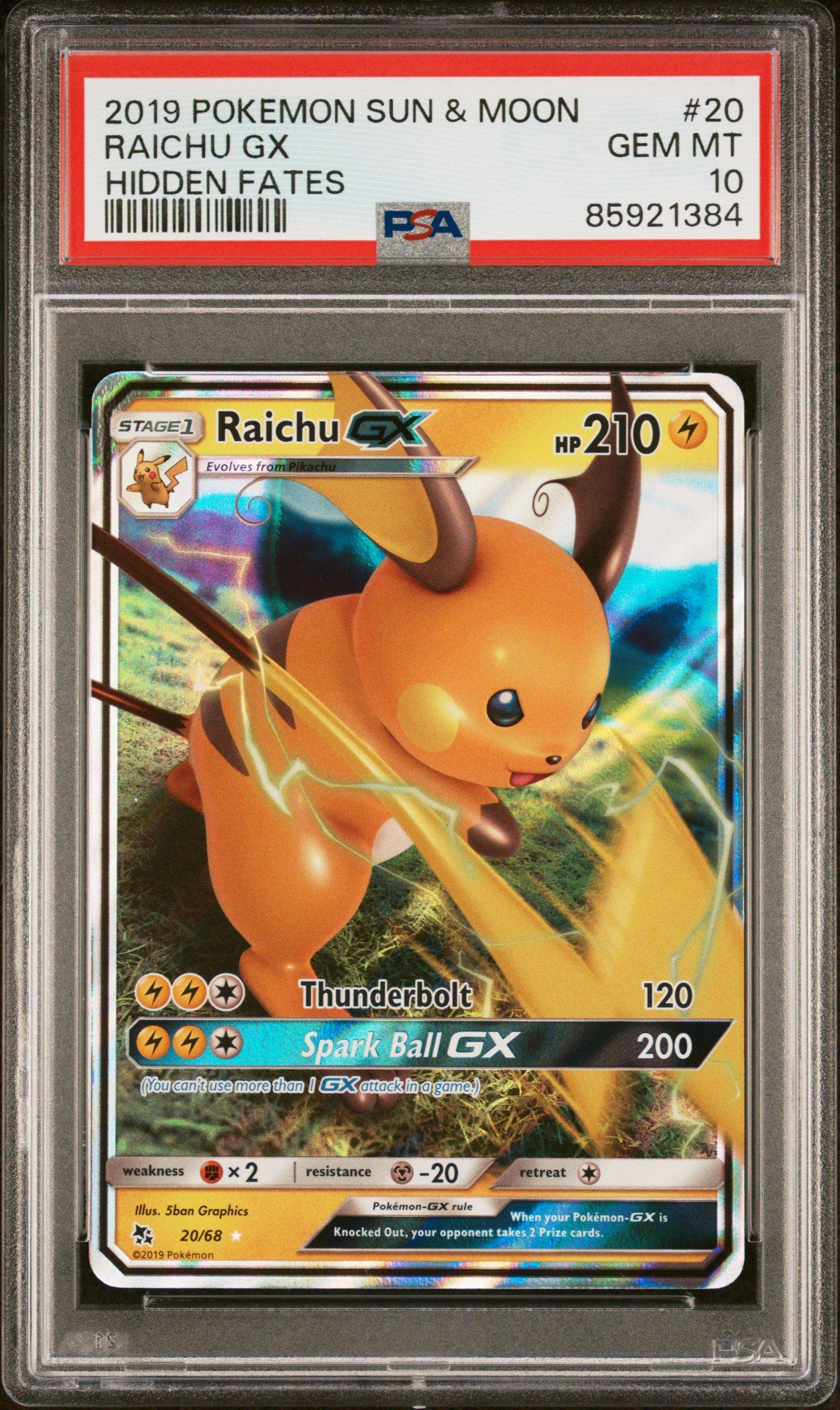 2019 Pokemon Sun & Moon Hidden Fates 20 Raichu Gx PSA 10 Graded