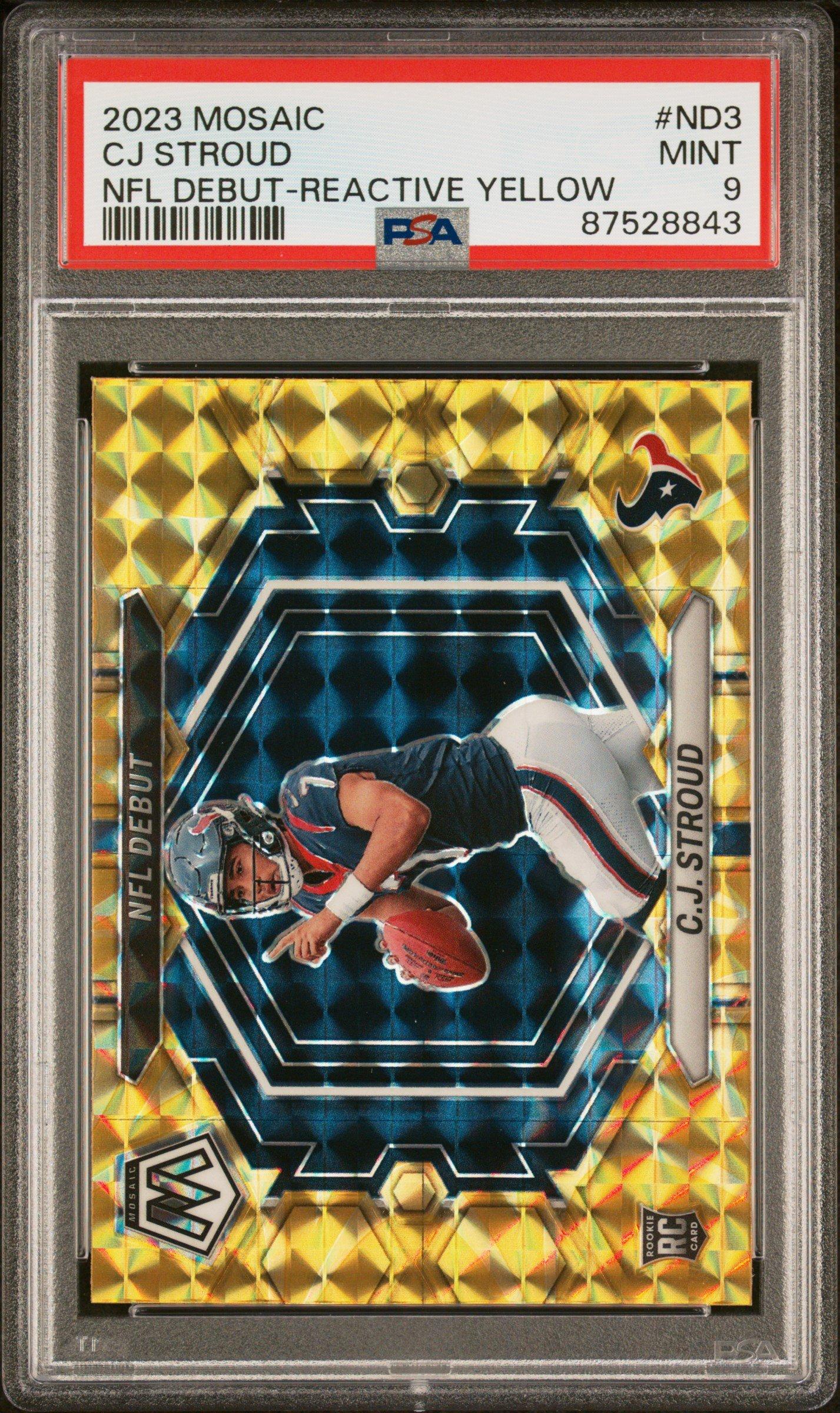 cj stroud graded card 2023 Panini Mosaic Nfl Debut Nd3 Reactive Yellow PSA 9 comes encapsulated in a tamper NFL Houston Texans 2023 Panini