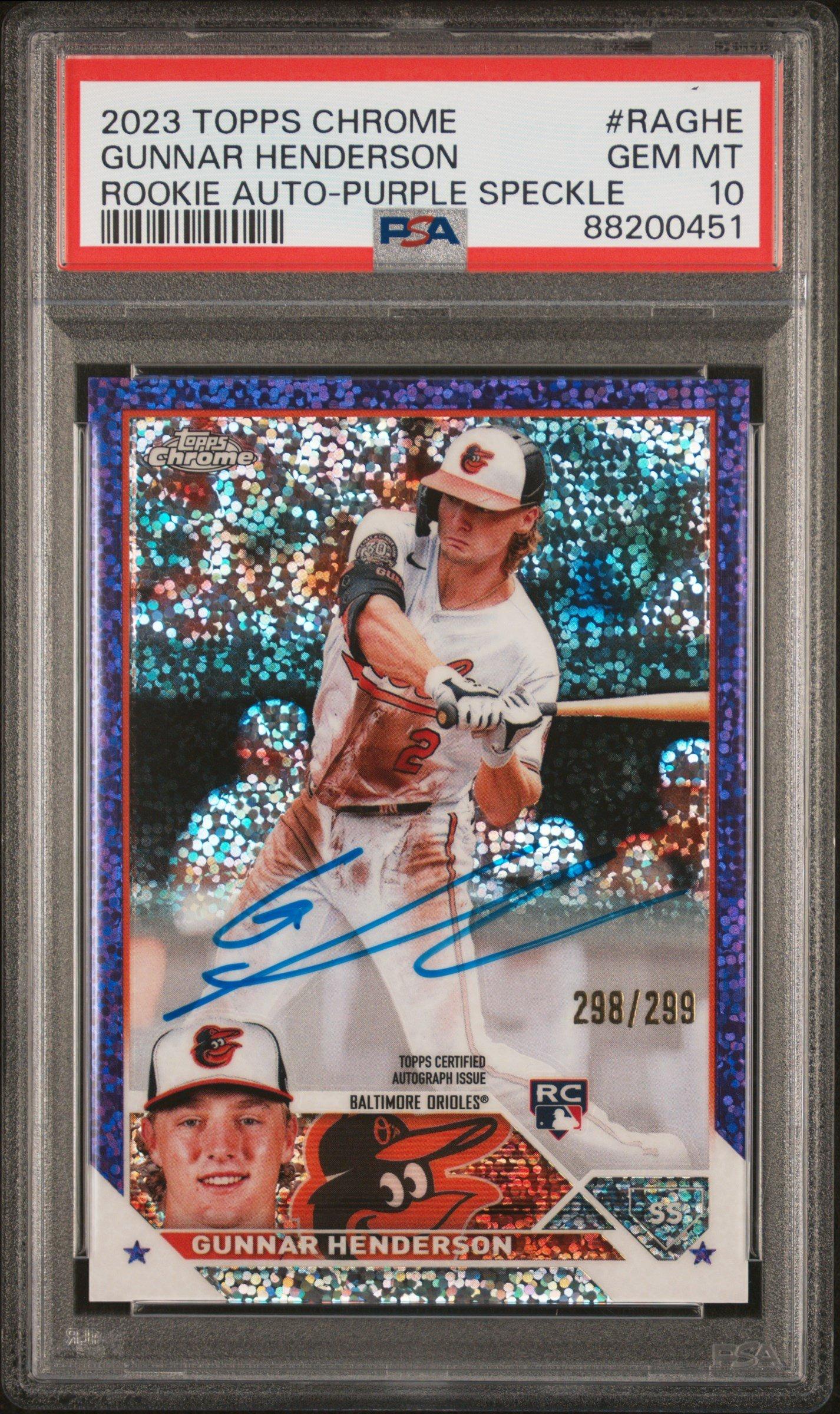 2023 Topps Chrome Rookie Autograph Raghe Gunnar Henderson Purple Speckle Refractor PSA 10