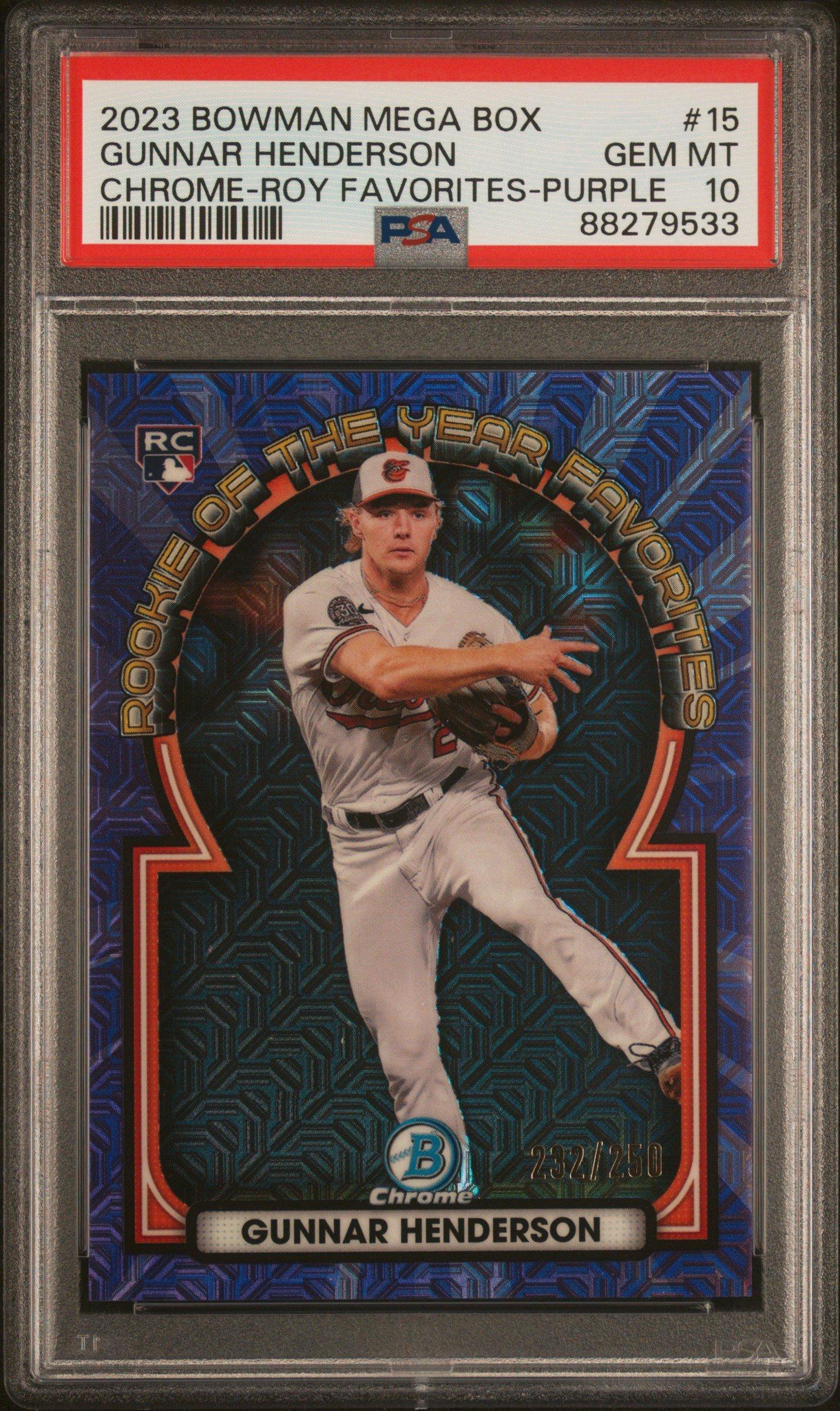 2023 Bowman Mega Box Chrome Roy Favorites 15 Gunnar Henderson Purple Refractor PSA 10