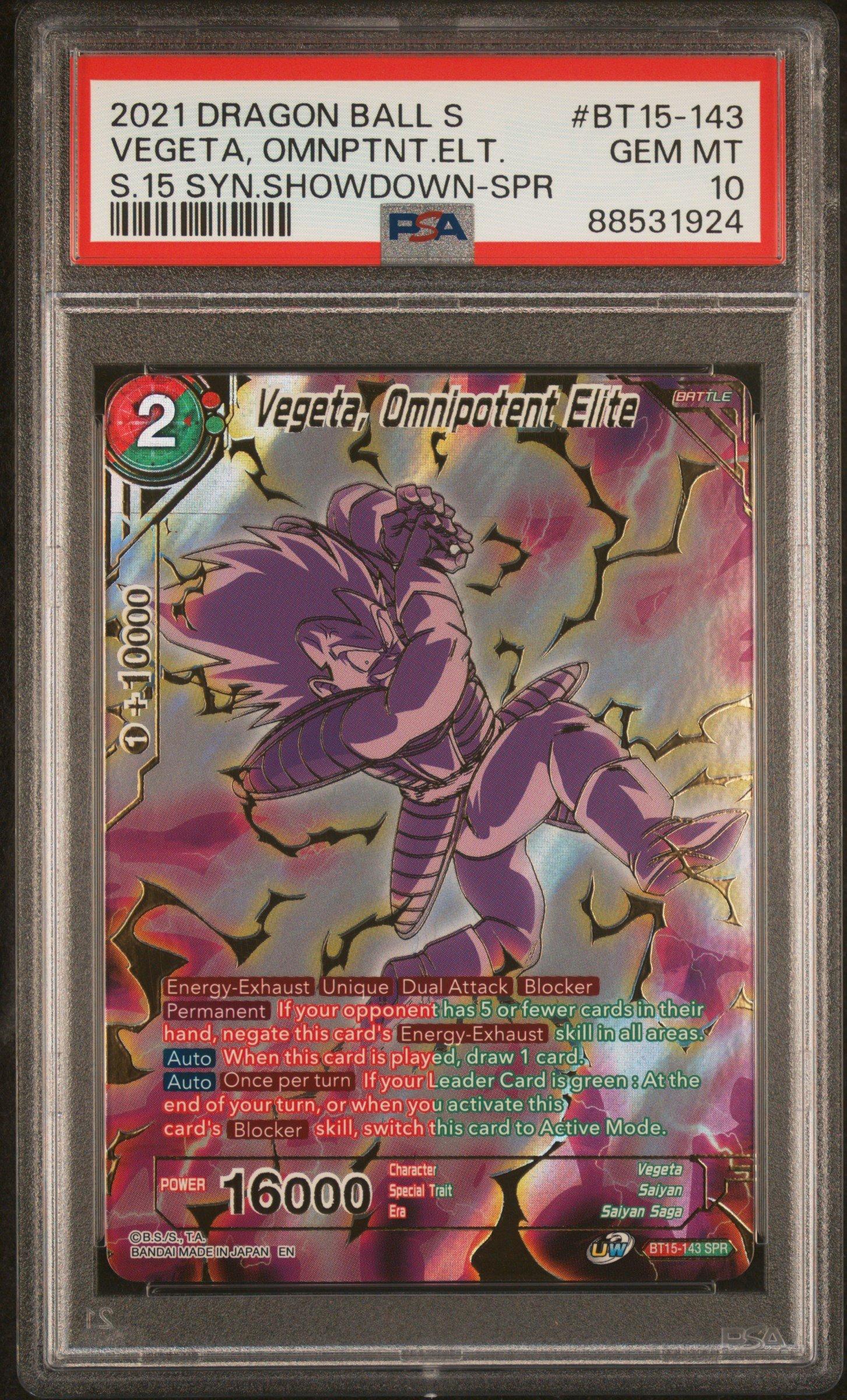 dragon ball super card game bt15 2021 Dragon Ball Super Card Game Series 15 Saiyan Showdown Bt15-143 Vegeta,  Omnipotent Elite Special Rare PSA 10 Graded Card