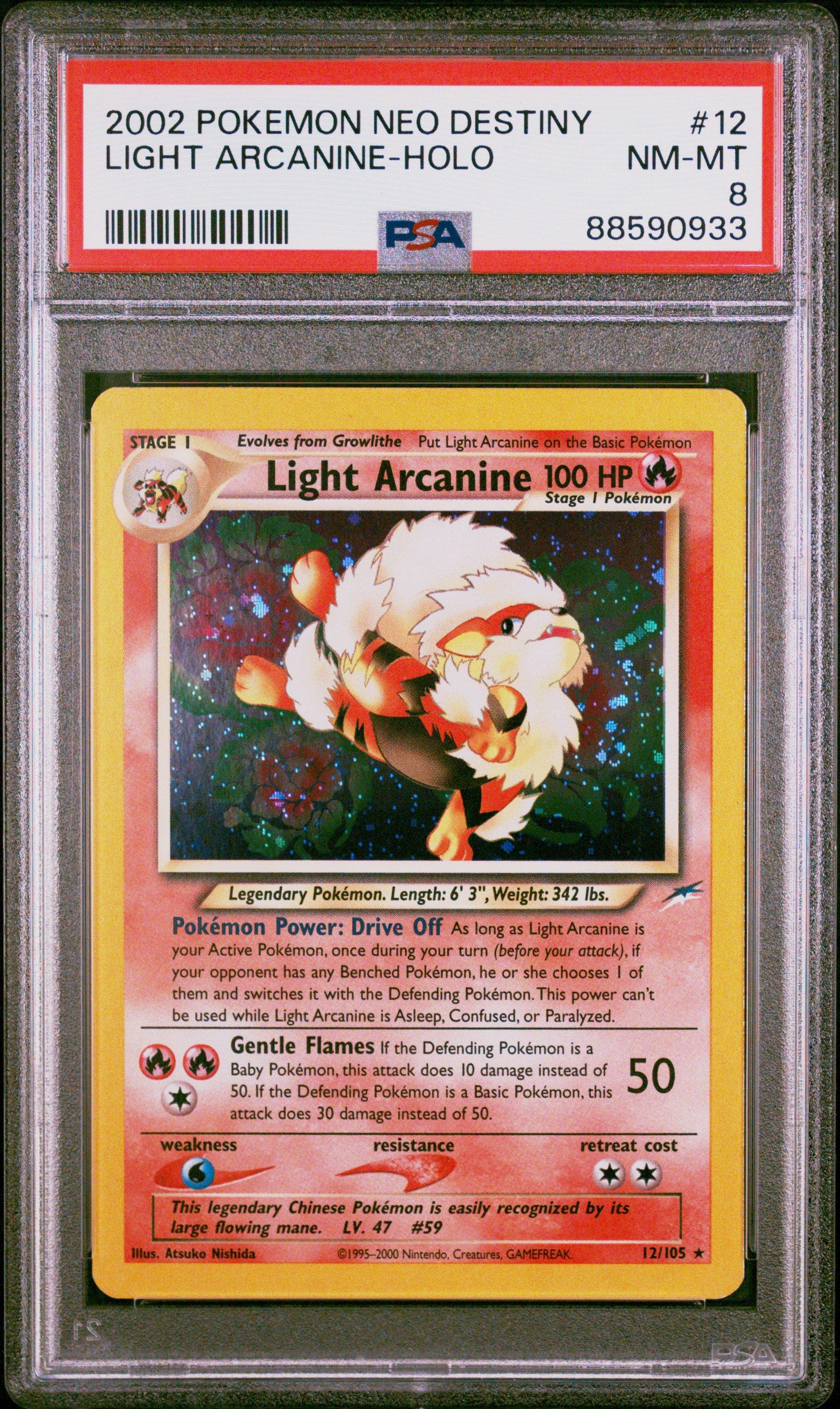 2002 Pokemon Neo Destiny 12 Light Arcanine-holo PSA 8 Graded Card
