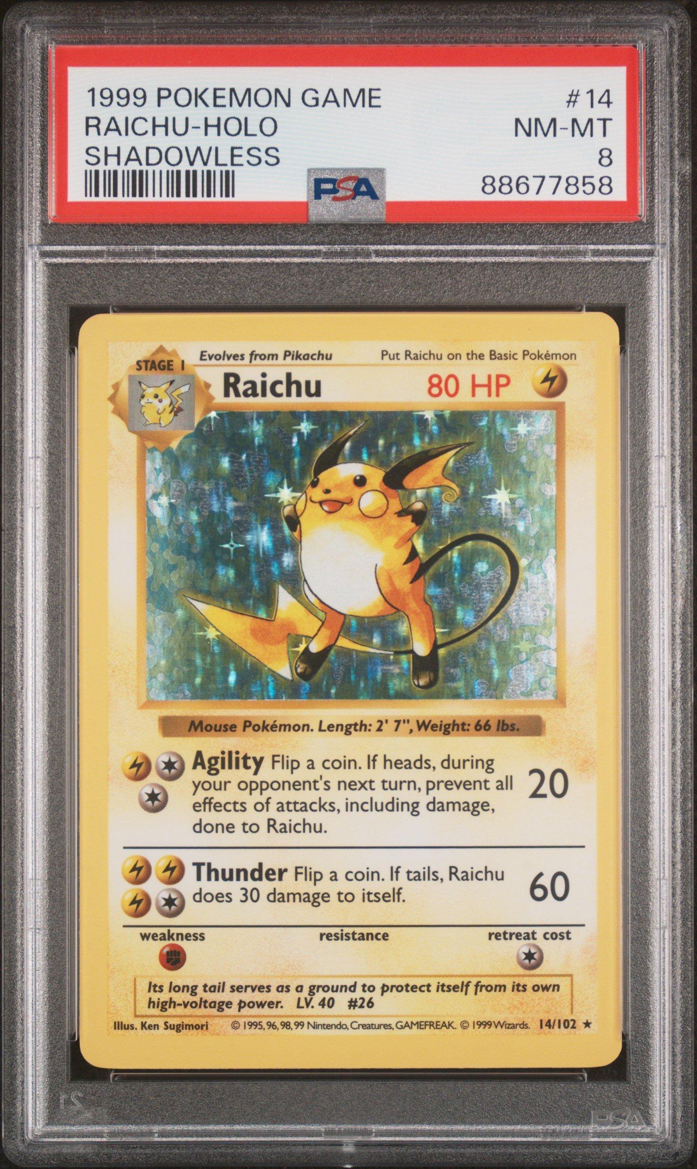 1999 Raichu シャドーレス　ライチュウ shadowless psa8 1999 Pokemon Game 14 Raichu-holo Shadowless PSA 8 Graded Card
