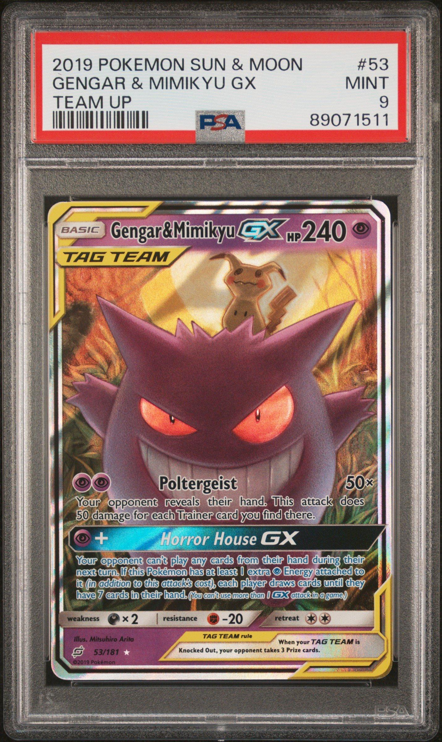 2019 Pokemon Sun & Moon Team Up 53 Gengar & Mimikyu Gx PSA 9