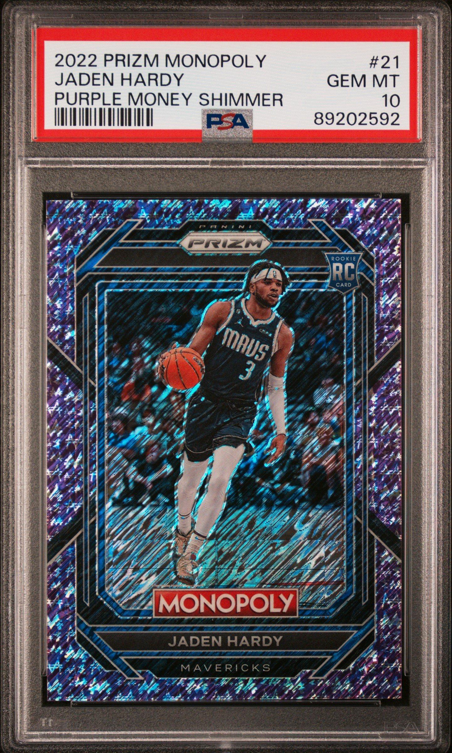 2022 Panini Prizm Monopoly 21 Jaden Hardy Purple Money Shimmer PSA 10