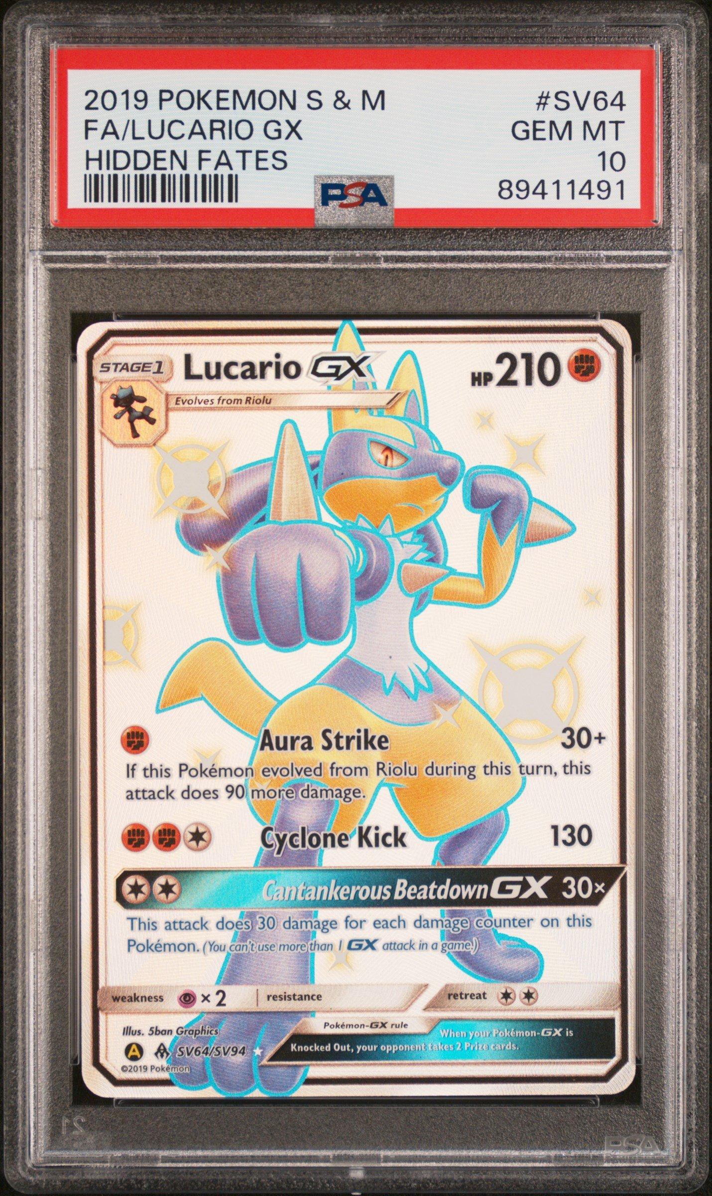 2019 Pokemon Sun & Moon Hidden Fates Sv64 Full Art/lucario Gx PSA