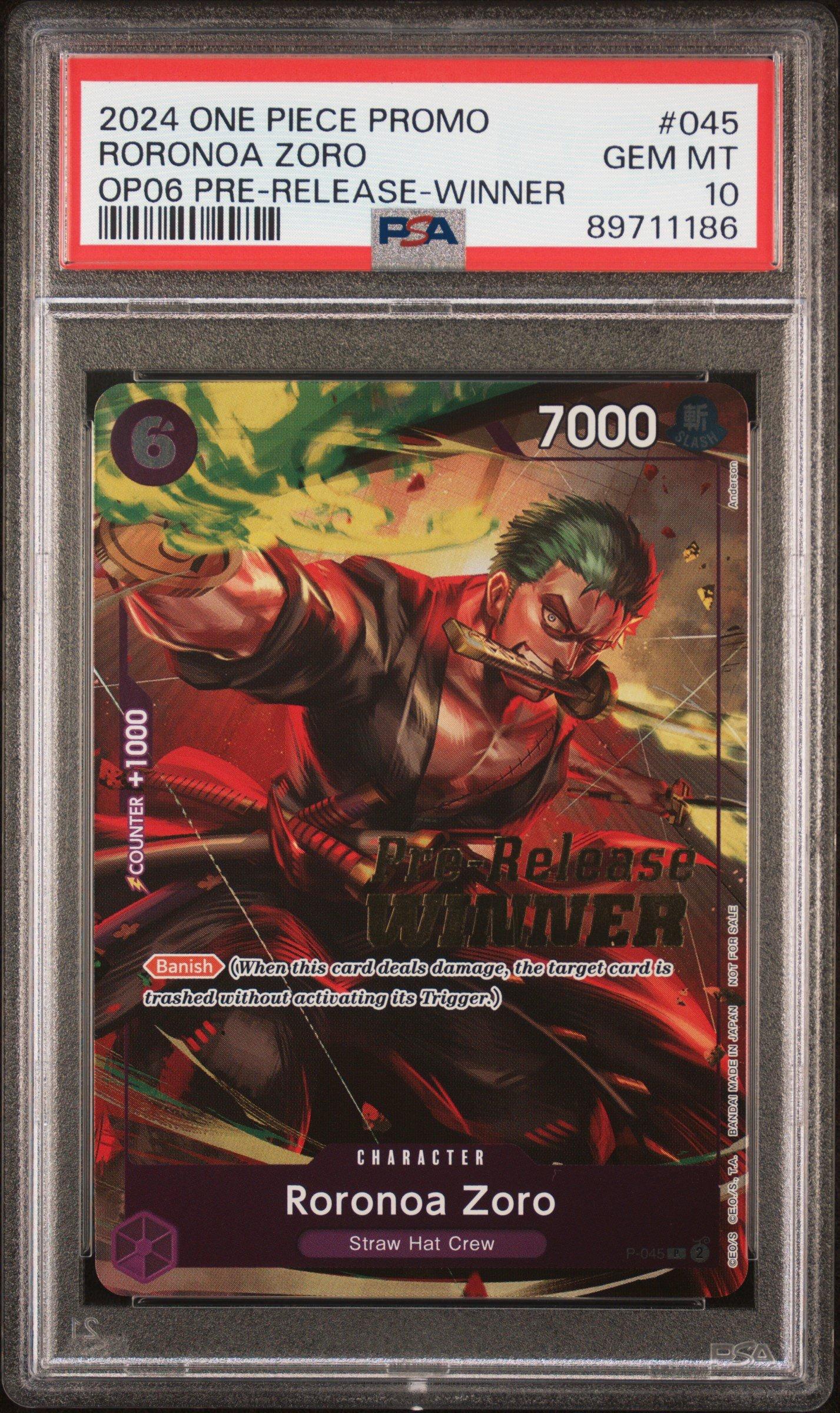2024 One Piece Promos 045 Roronoa Zoro Wings Of The Captain Pre-release-winner PSA 10