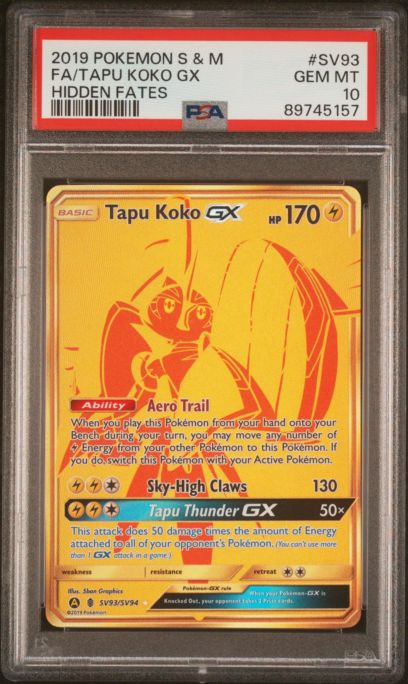 2019 Pokemon Sun & Moon Hidden Fates Sv93 Full Art/tapu Koko Gx PSA 10