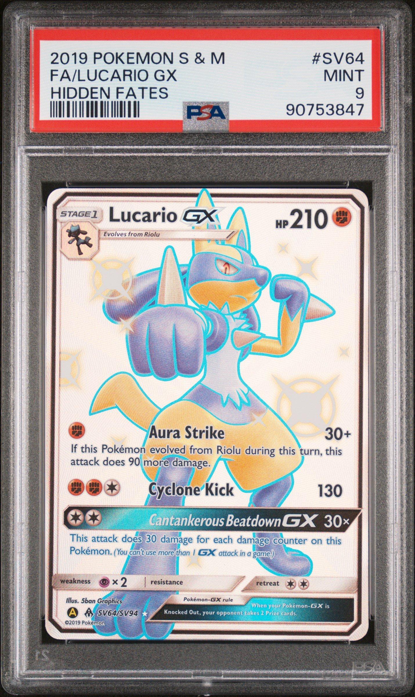 2019 Pokemon Sun & Moon Hidden Fates Sv64 Full Art/lucario Gx PSA