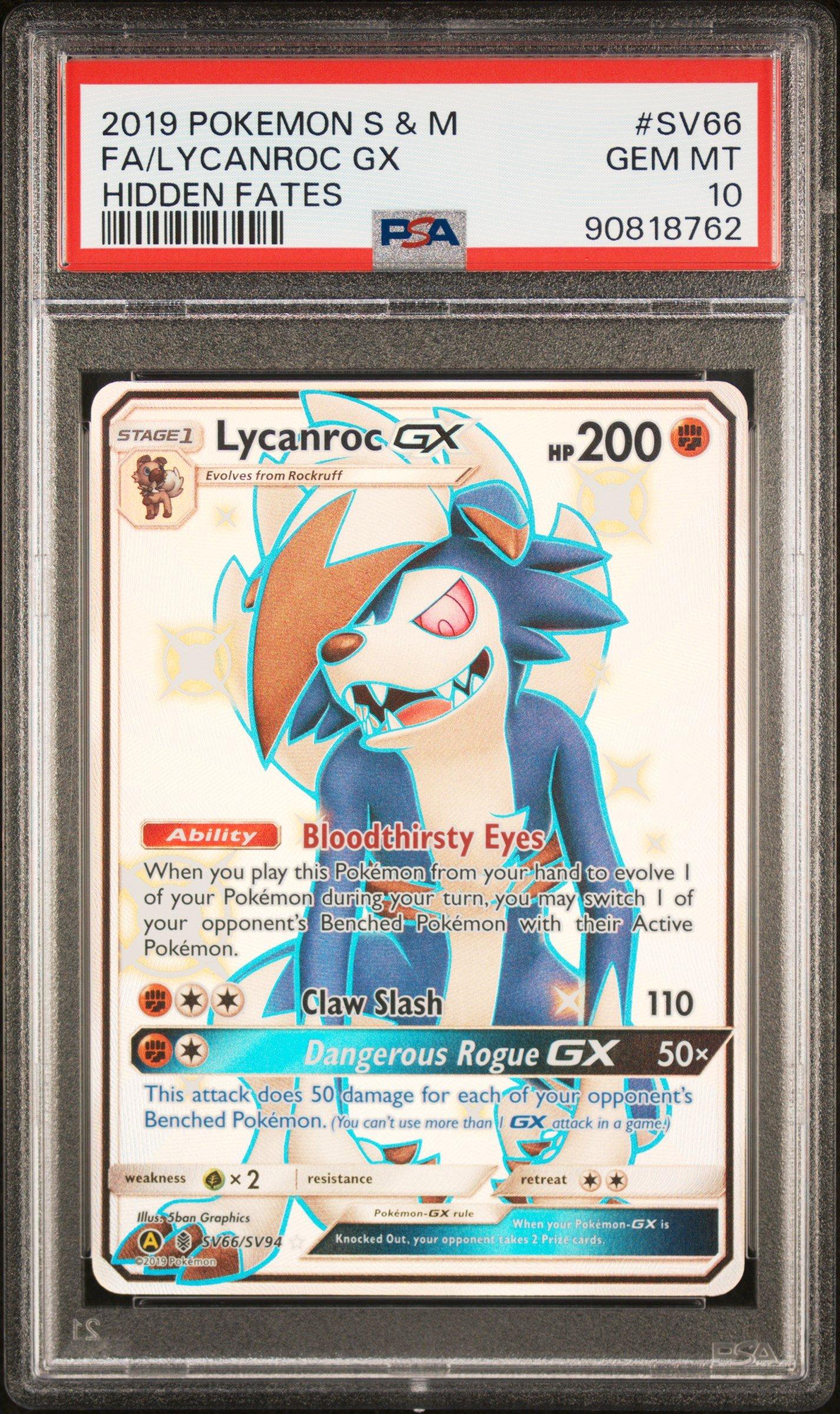 2019 Pokemon Sun & Moon Hidden Fates Sv66 Full Art/lycanroc Gx PSA