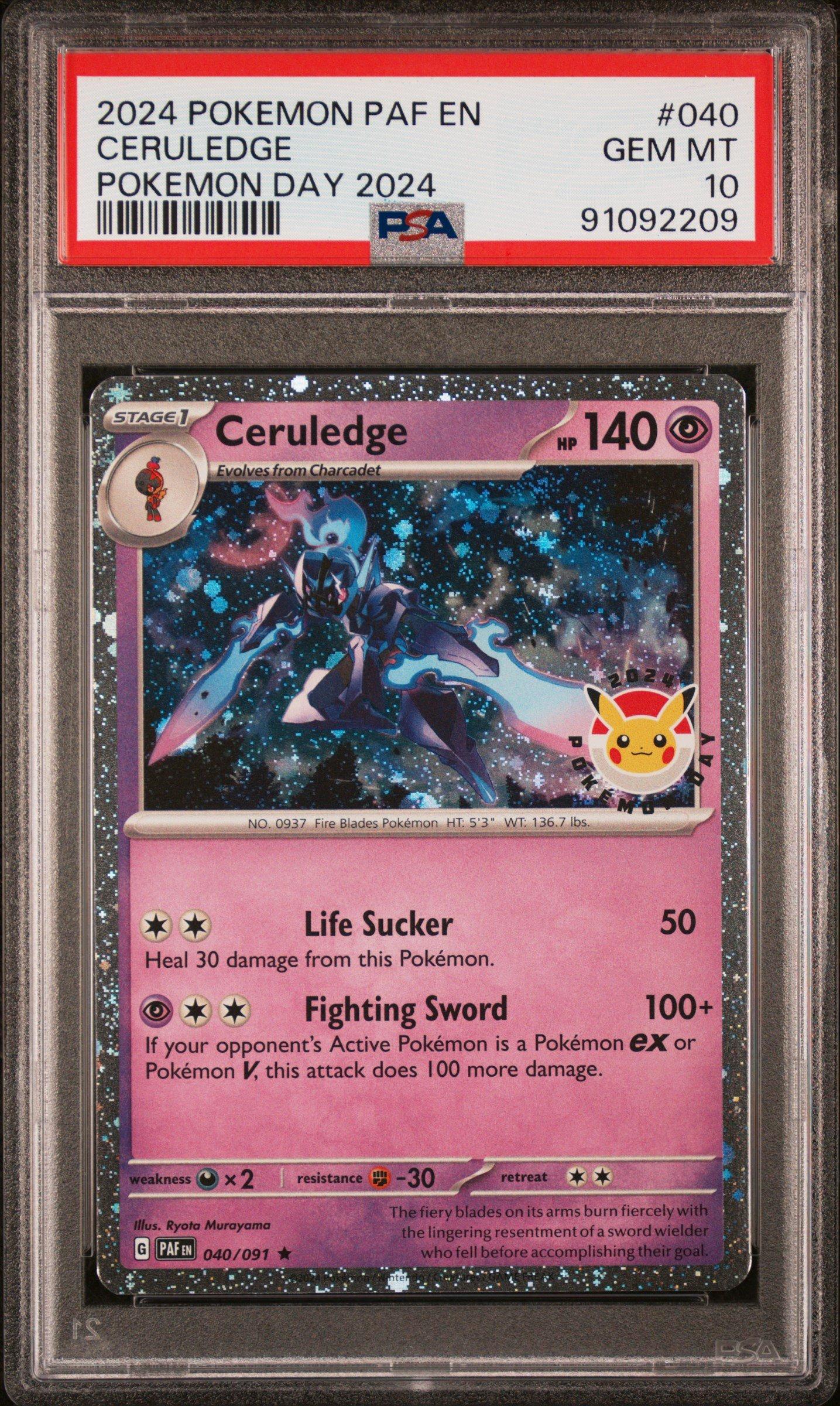 ceruledge pokemon cards Paldean Fates Pokemon Day Promo #040 CGC 10 Pristine Colorless Life Sucker (50) Heal 30 damage from this Pokémon Ceruledge Reverse Holo #098/193 2023
