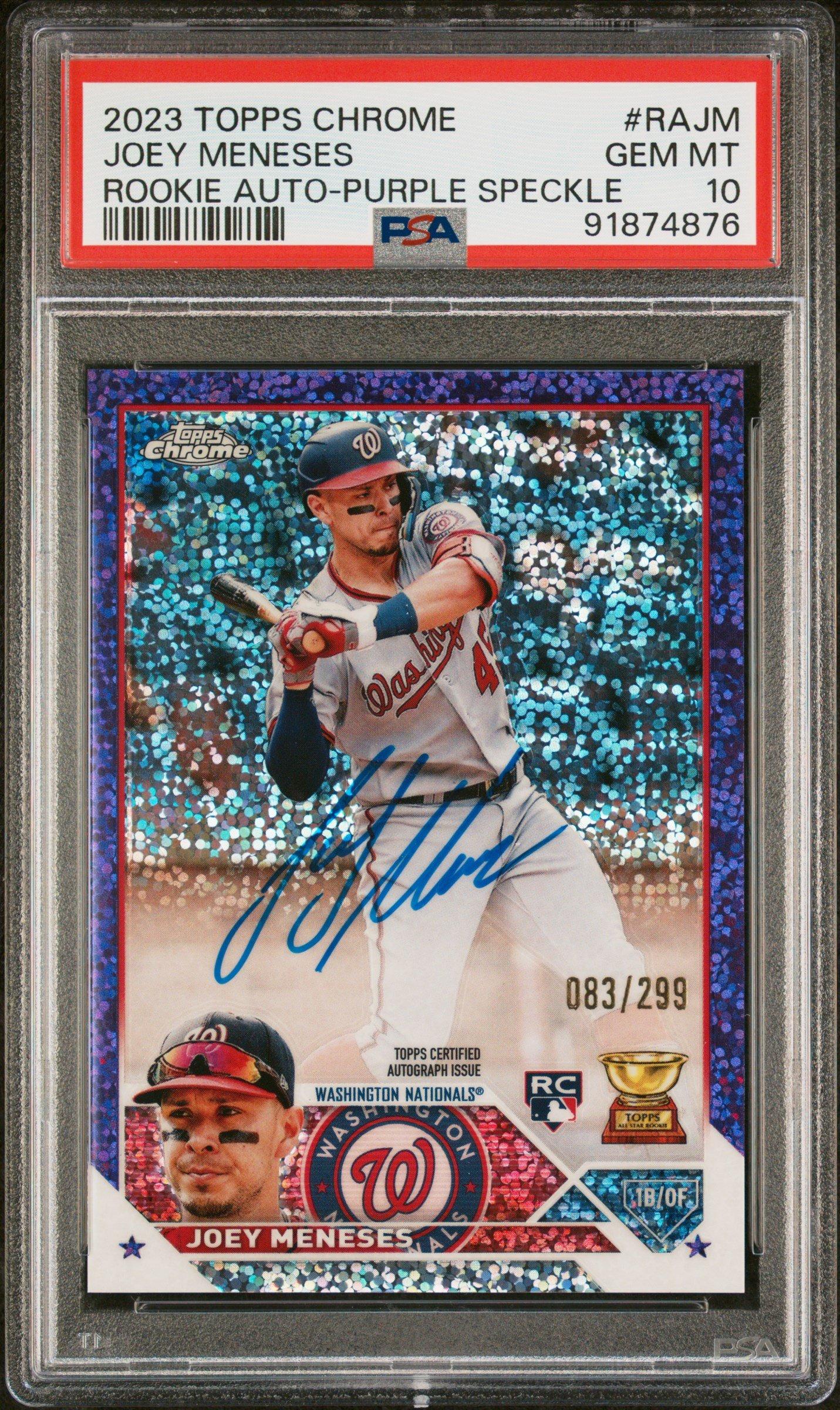 2023 Topps Chrome Rookie Autograph Rajm Joey Meneses Purple Speckle Refractor PSA 10
