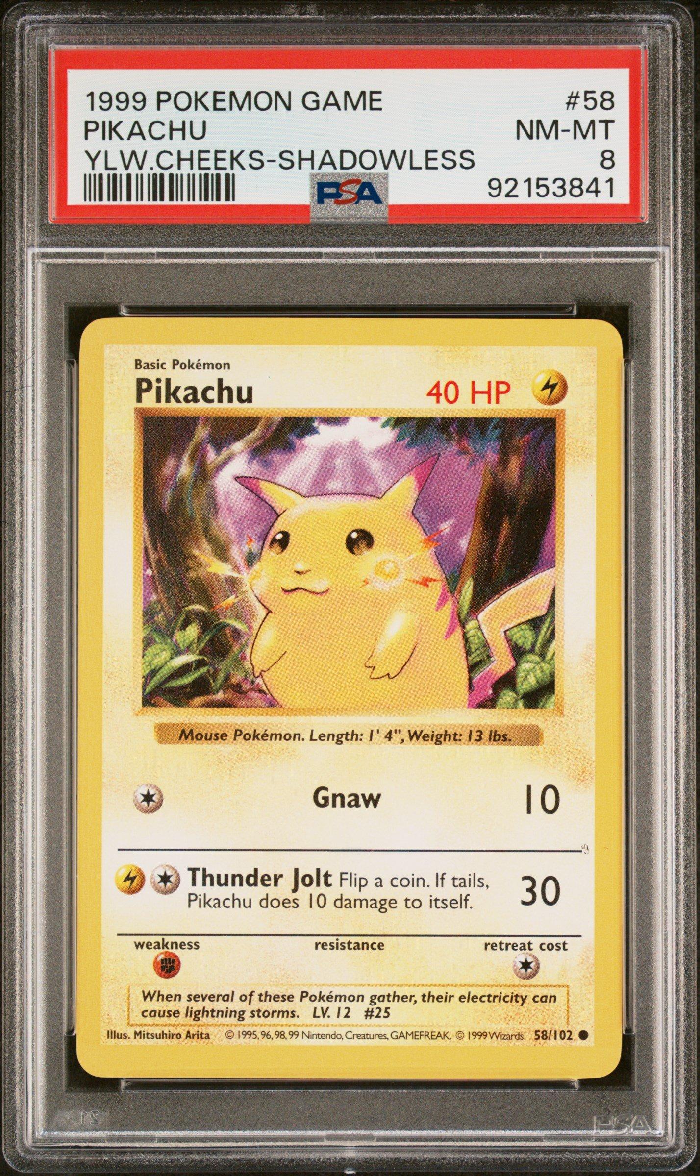 美品　ピカチュウ　Pikachu yellowcheek shadow less 1999 Pokemon Pikachu 58/102 Shadowless WOTC Yellow Cheeks