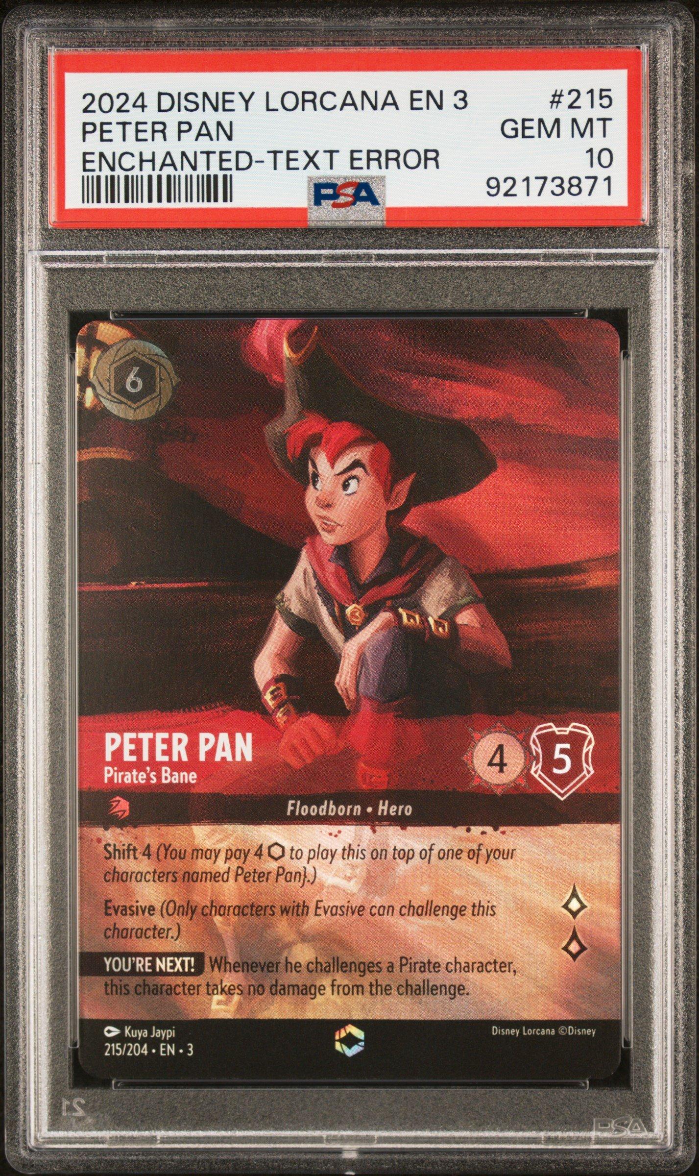2024 Disney Lorcana En 3-into The Inklands 215 Peter Pan - Pirate's Bane  Enchanted-text Error PSA 10 Graded Card | GameStop