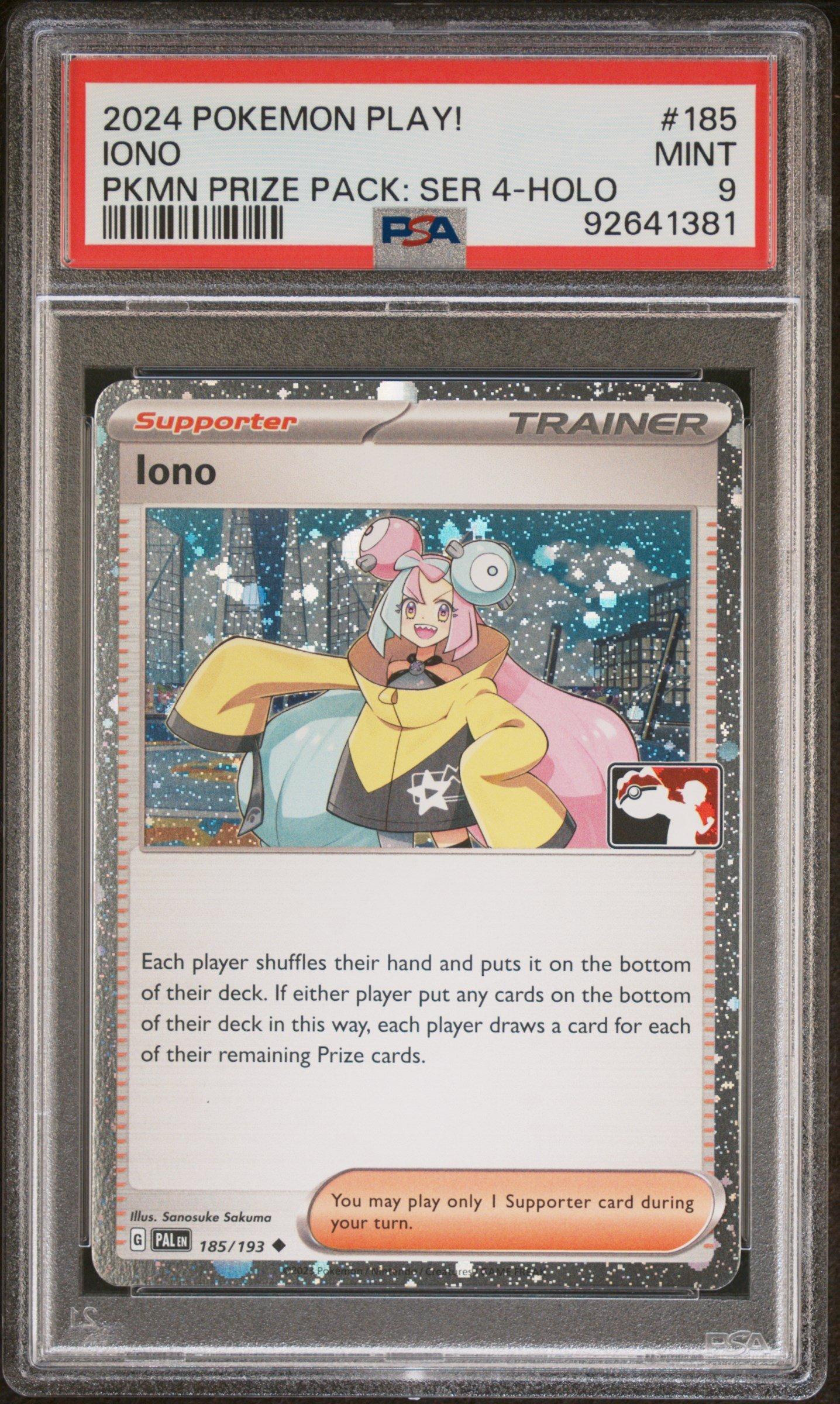 2024 Pokemon Play! Pokemon Prize Pack 185 Iono Holo PSA 9 Graded