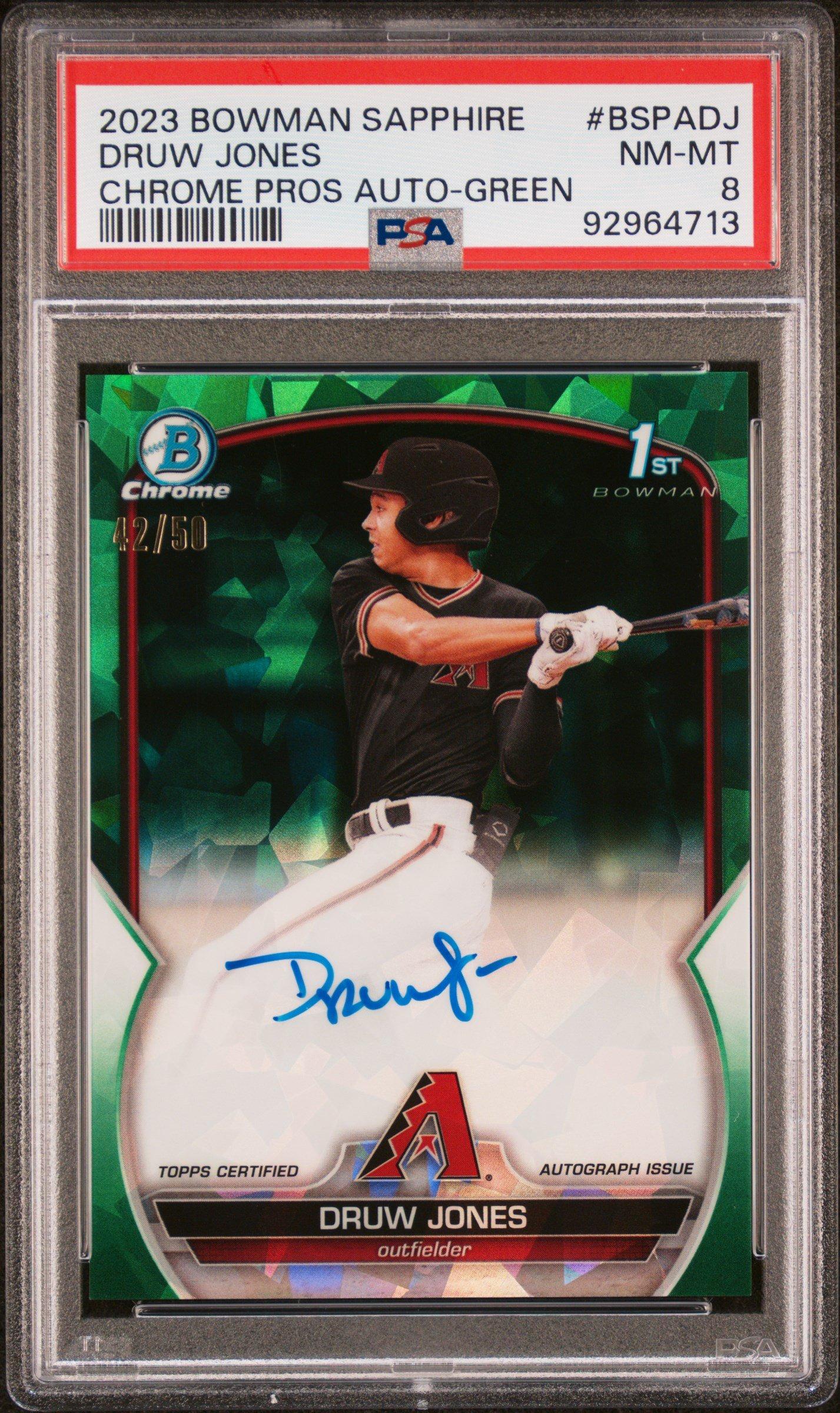 2023 Bowman Sapphire Edition Chrome Prospects Autographs Bspadj Druw Jones Green PSA 8