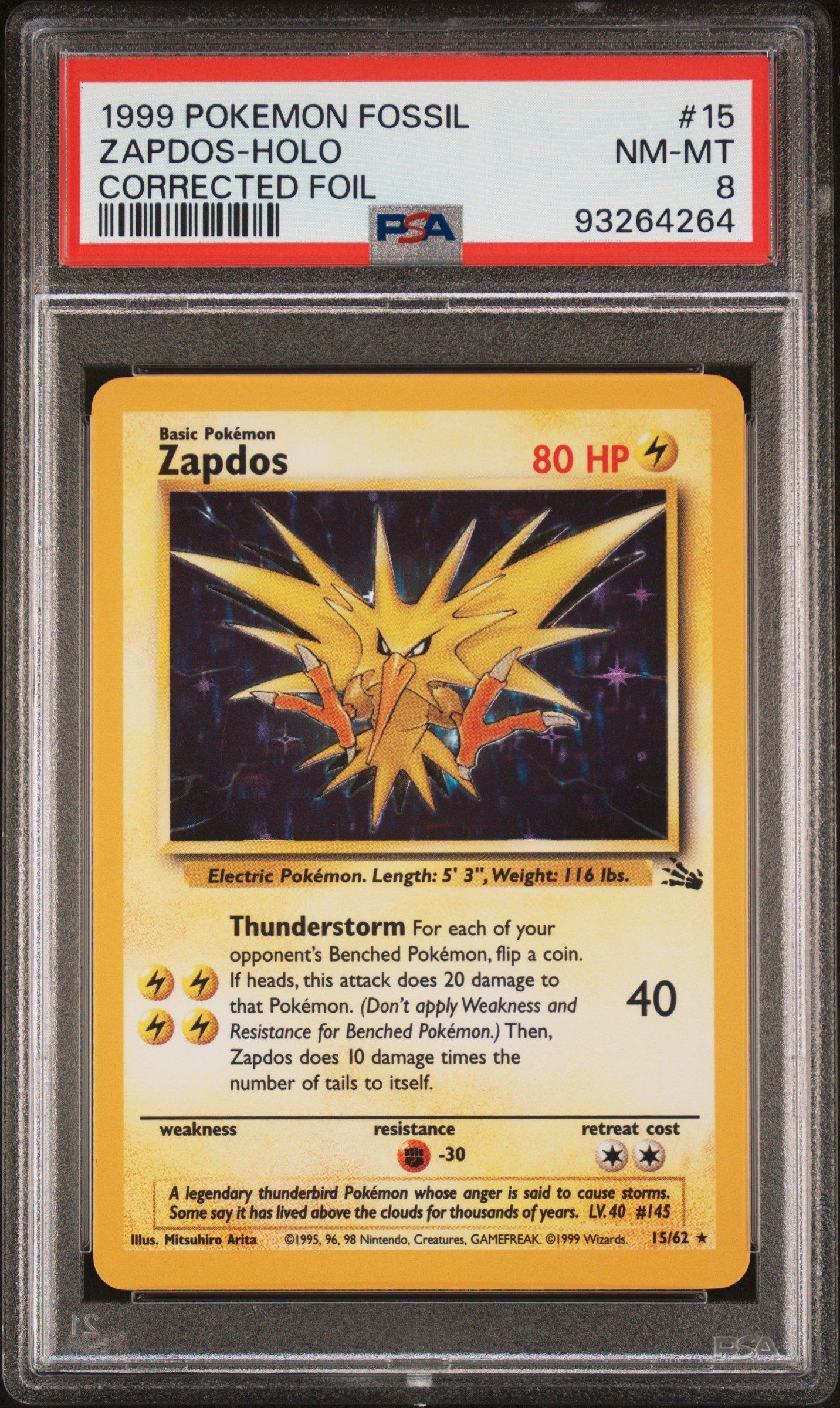 1999 Pokemon Fossil 15 Zapdos-holo Corrected Foil PSA 8 Graded