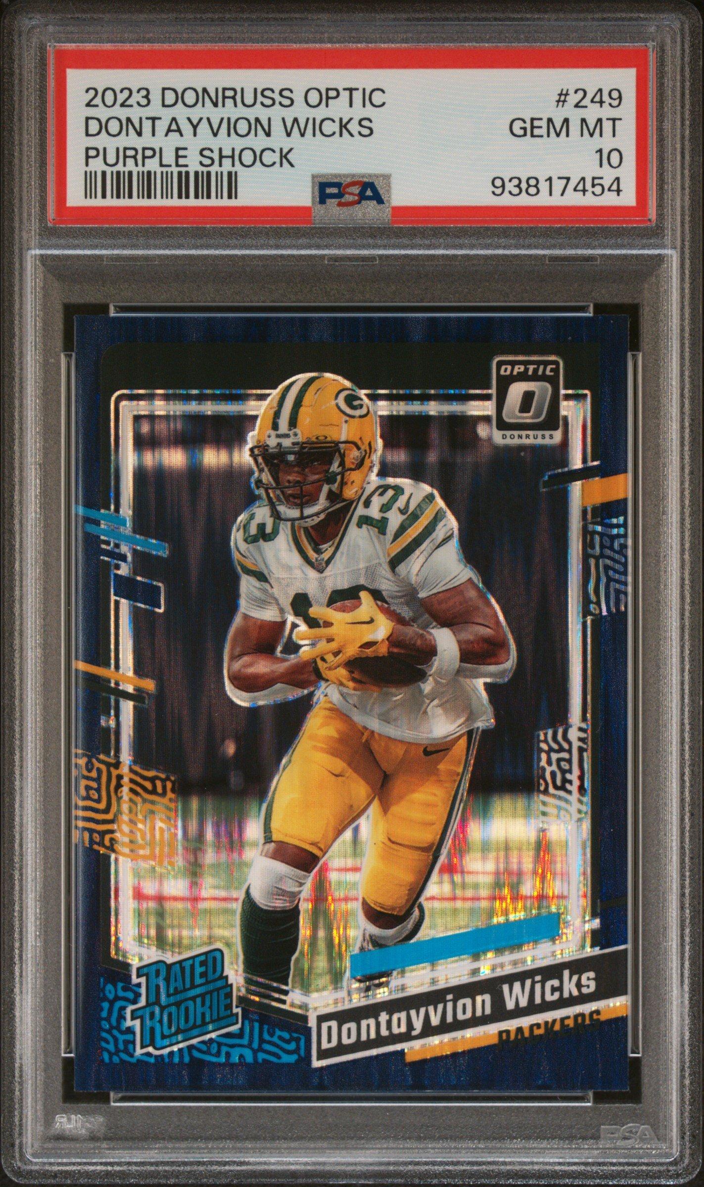 2023 Panini Donruss Optic 249 Dontayvion Wicks Purple Shock PSA 10