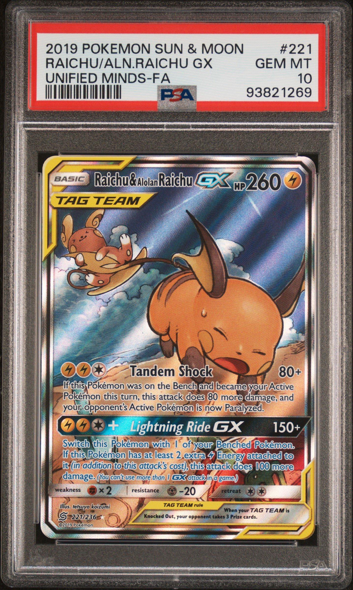 2019 Pokemon Sun & Moon Unified Minds 221 Full Art/raichu & Alolan Raichu  Gx PSA 10 Graded Card | GameStop