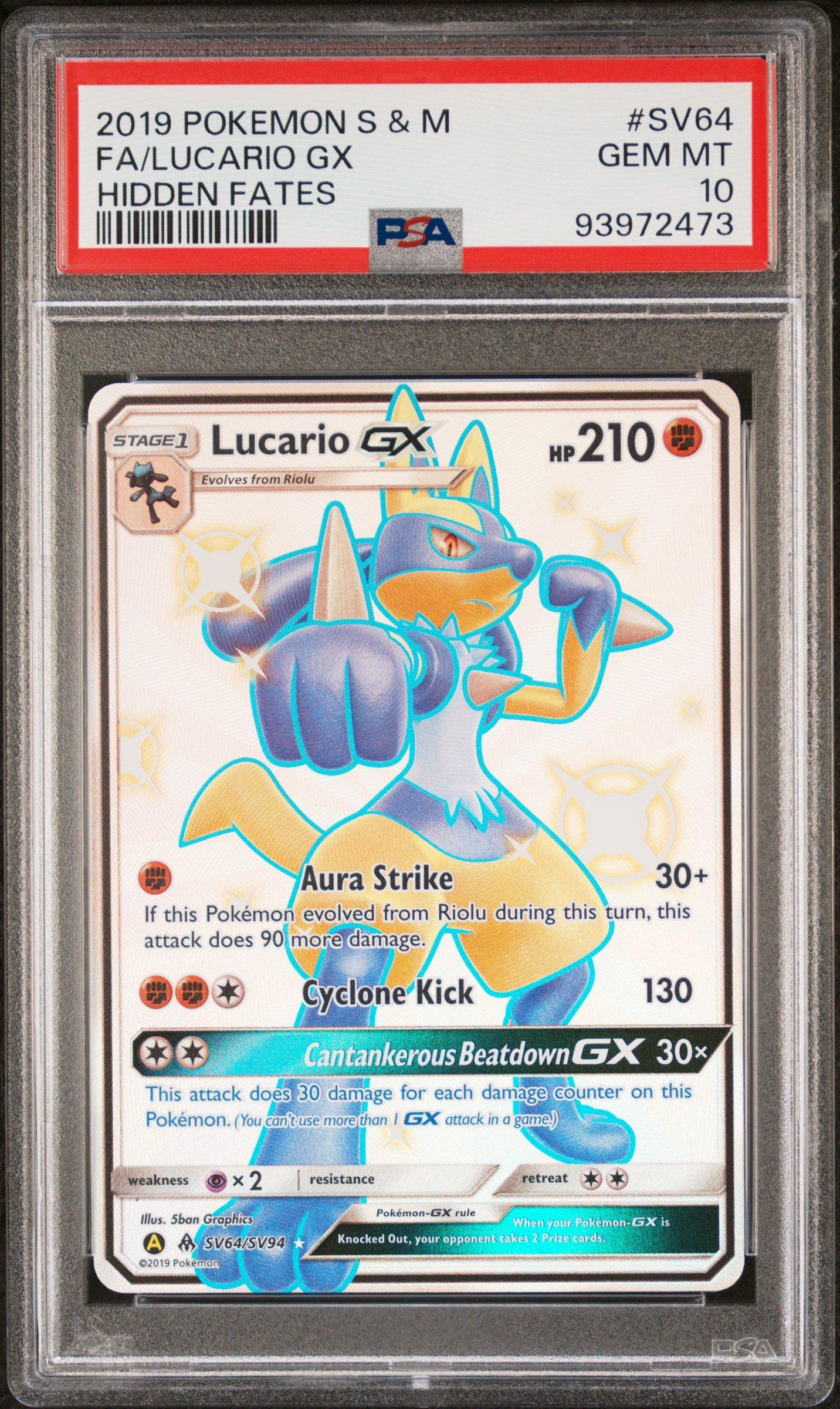 2019 Pokemon Sun & Moon Hidden Fates Sv64 Full Art/lucario Gx PSA