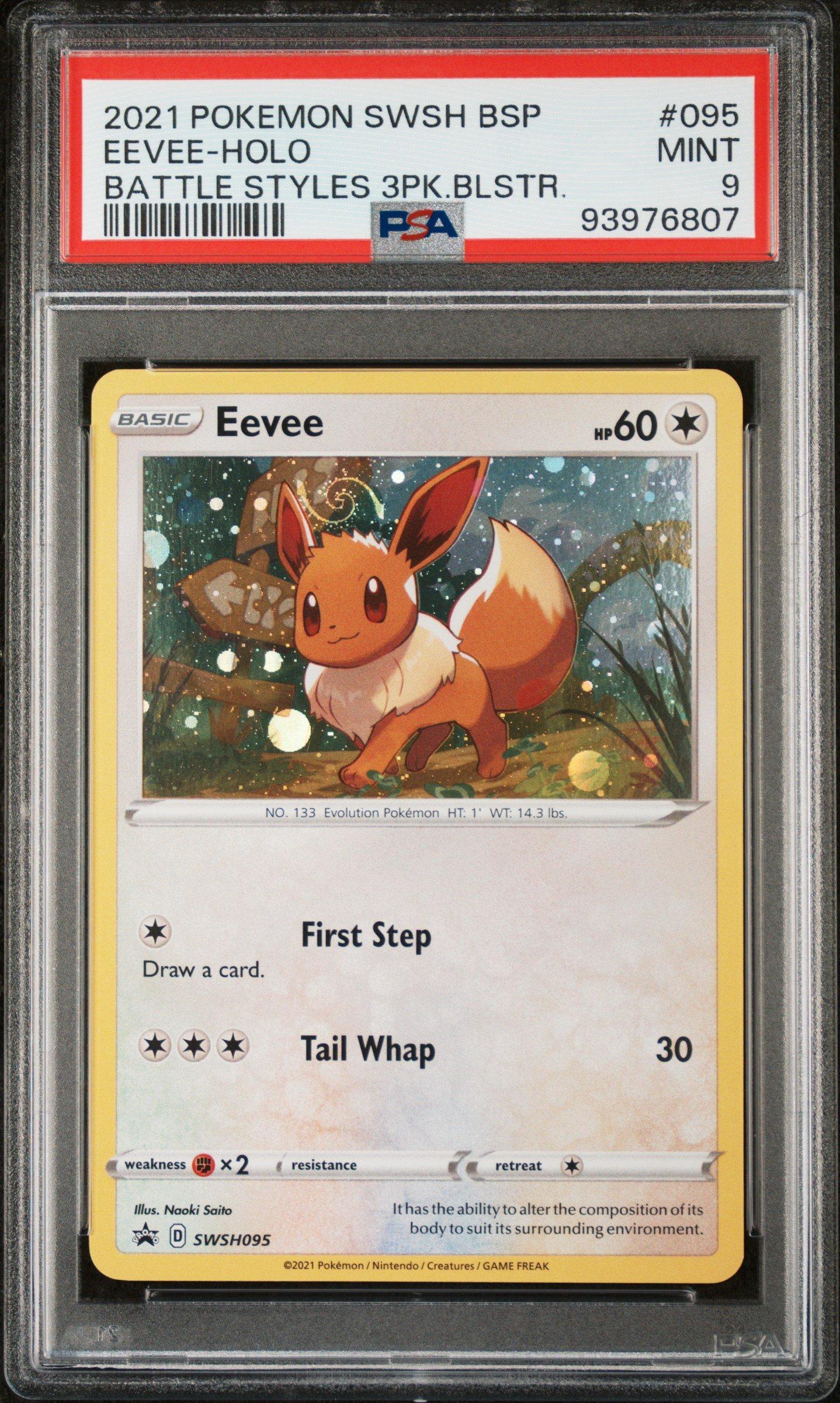 eevee pokemon card value 2021 2021 Pokemon Swsh Black Star Promo 095 Eevee-holo Battle Styles Three Pack  Blisters PSA 9 Graded Card