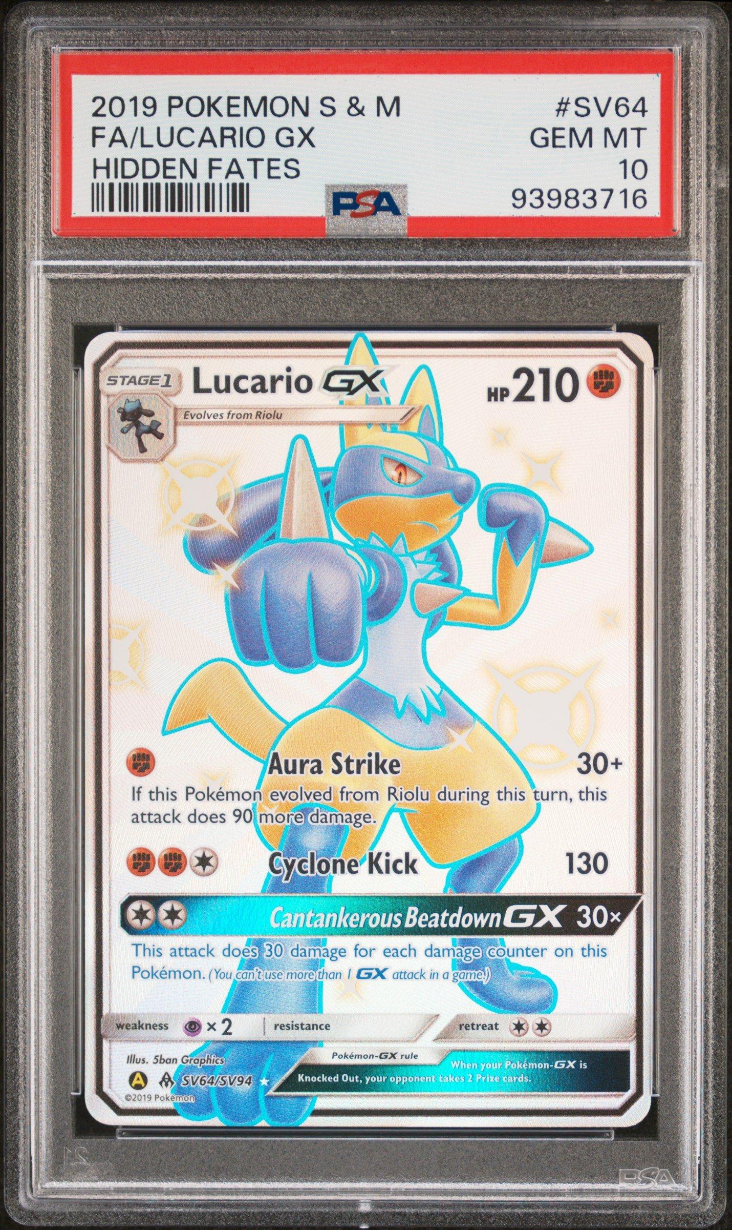 2019 Pokemon Sun & Moon Hidden Fates Sv64 Full Art/lucario Gx PSA