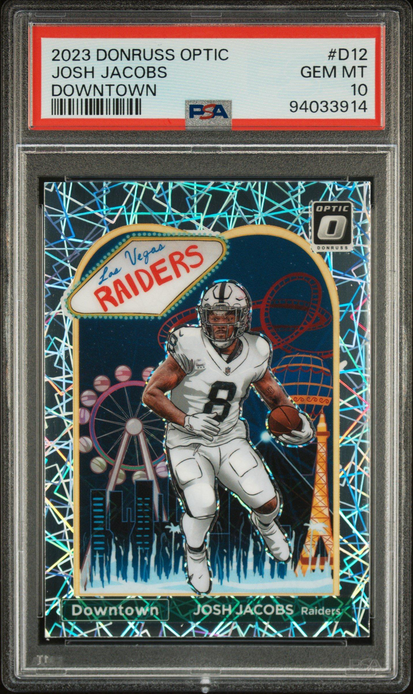 2023 Panini Donruss Optic Downtown! D12 Josh Jacobs PSA 10