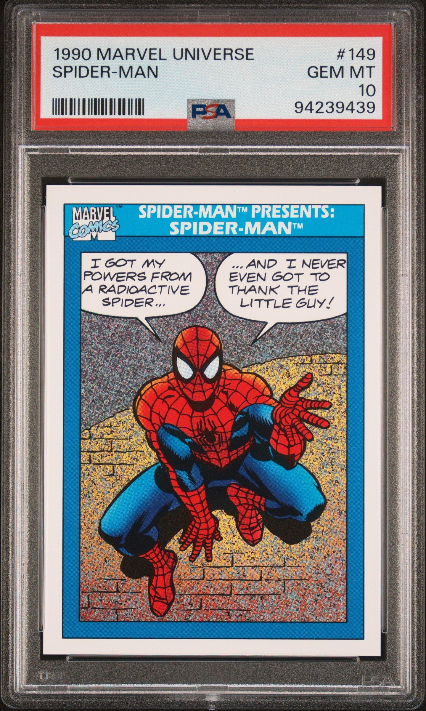 psa graded marvel cards 2022 Masterpieces Taskmaster Emerald Green Foil #63  9 Min 1990 Marvel Universe 149 Spider-man