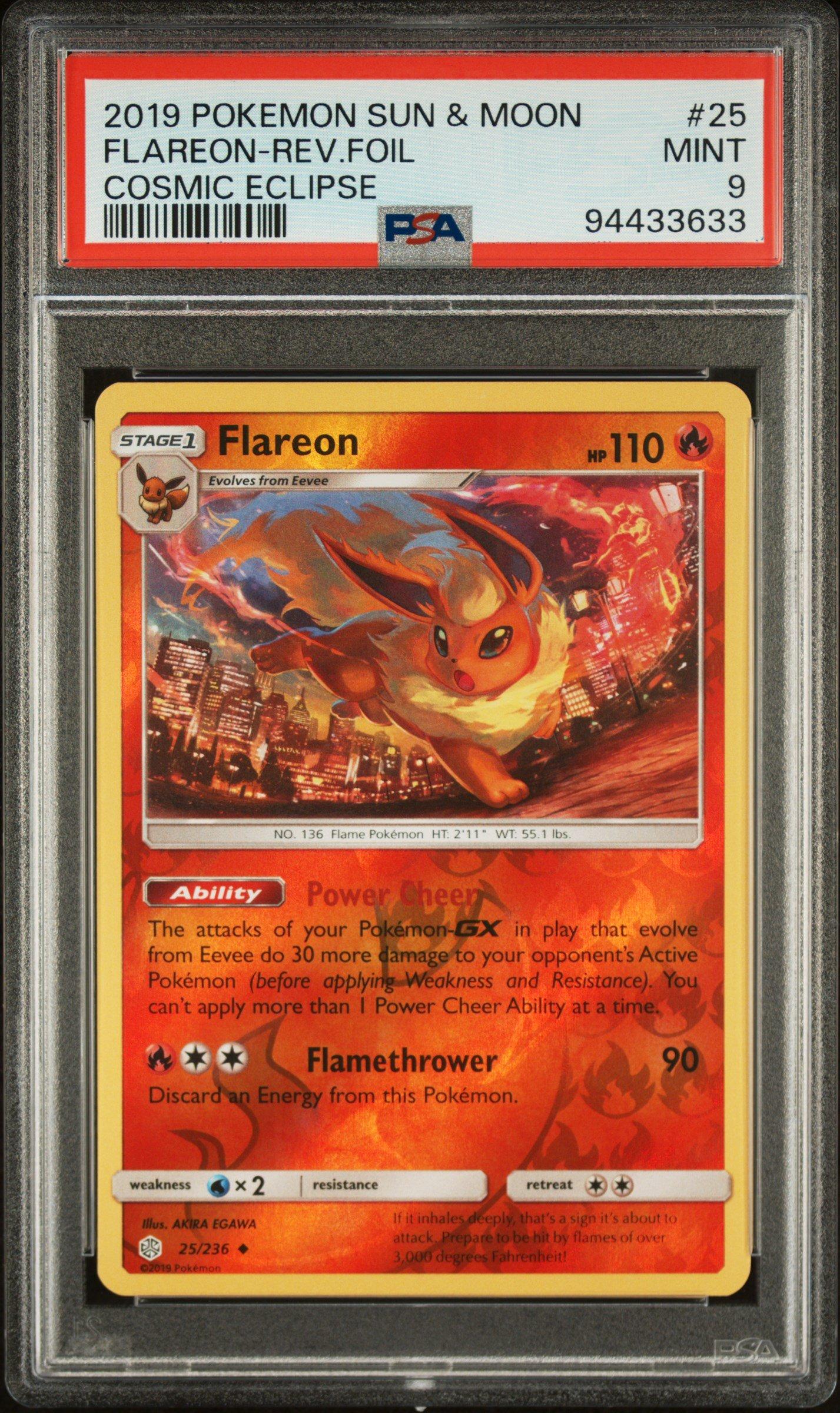 2019 Pokemon Sun & Moon Cosmic Eclipse 25 Flareon-reverse Foil PSA