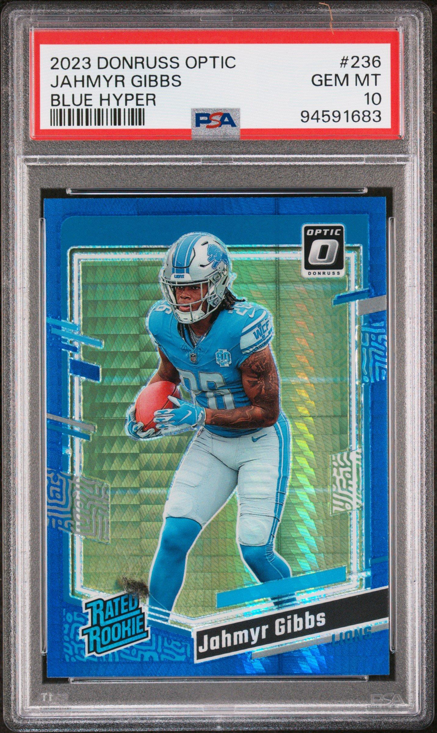 2023 Panini Donruss Optic 236 Jahmyr Gibbs Blue Hyper PSA 10