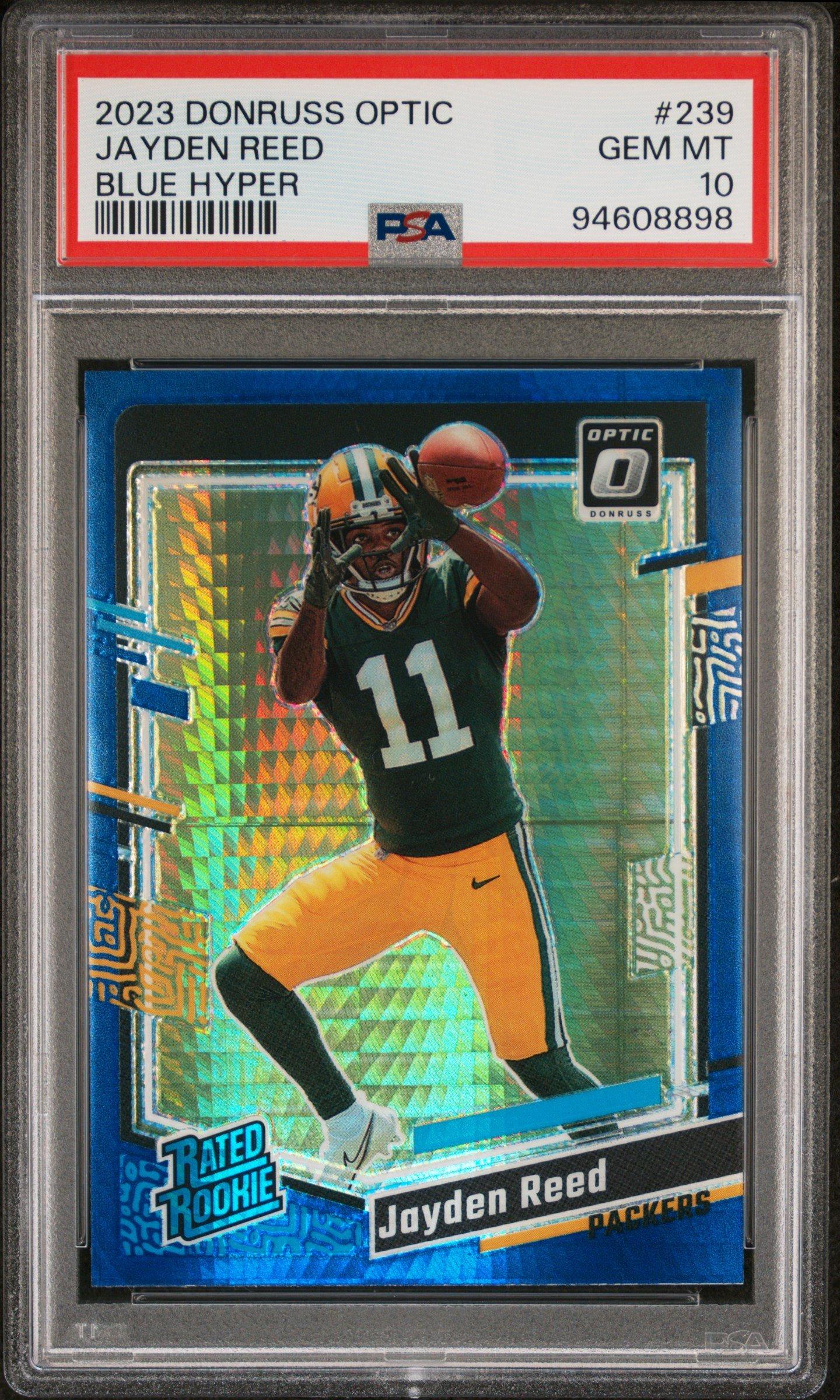 2023 Panini Donruss Optic 239 Jayden Reed Blue Hyper PSA 10
