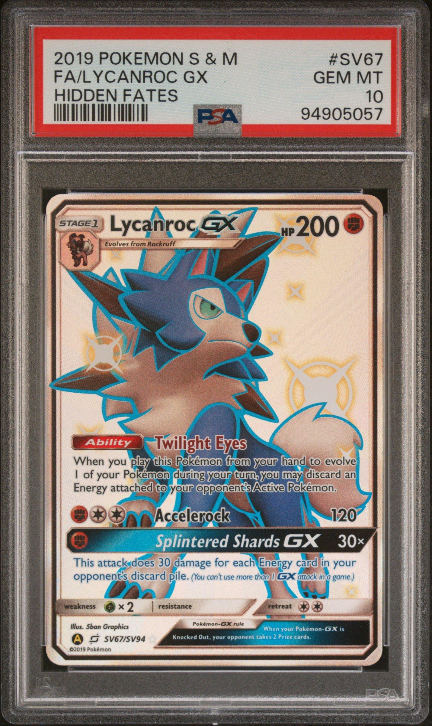 2019 Pokemon Sun & Moon Hidden Fates Sv67 Full Art/lycanroc Gx PSA