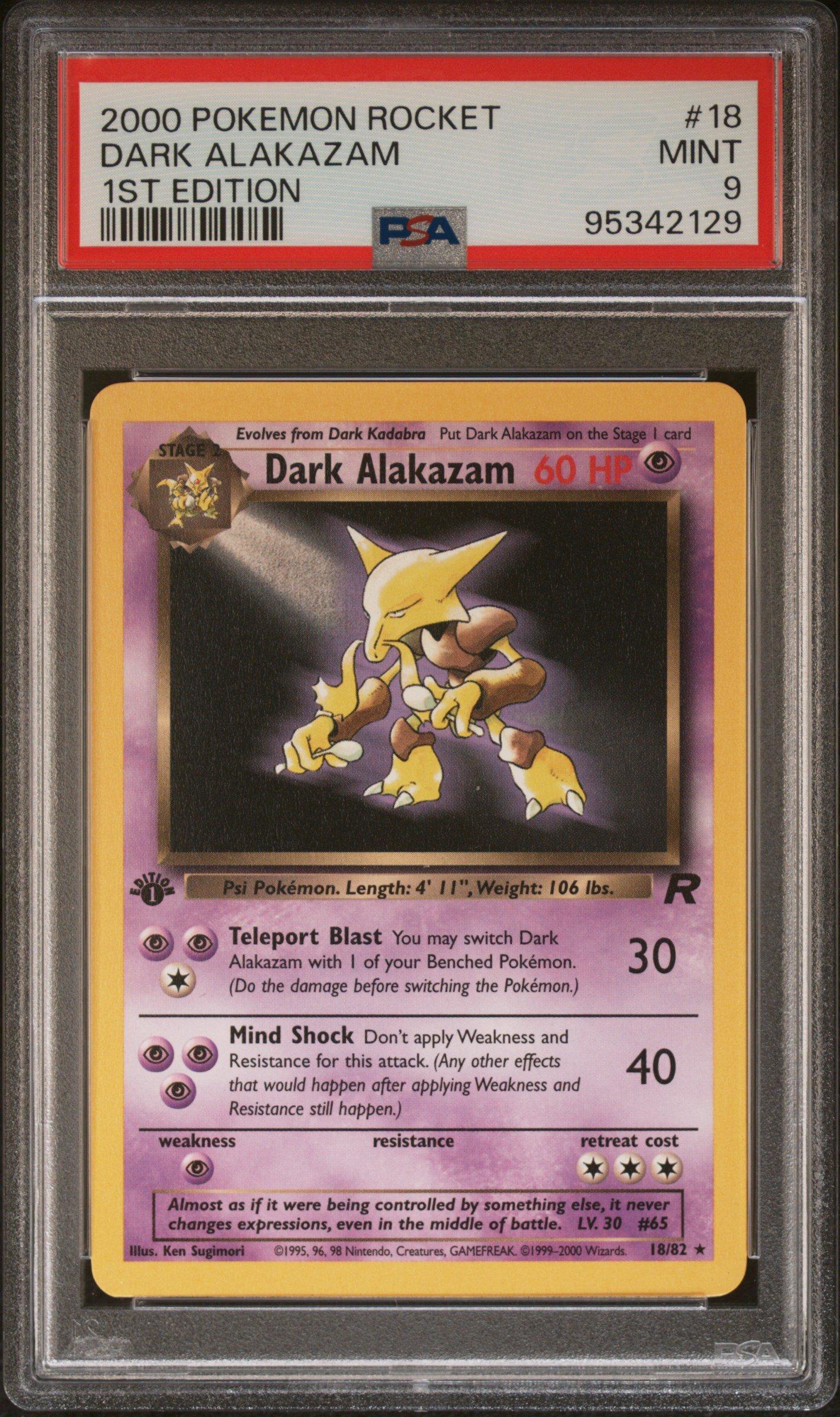 pokemon dark alakazam card 2000 Pokemon Rocket 18 Dark Alakazam 1st Edition PSA 9 Graded Card