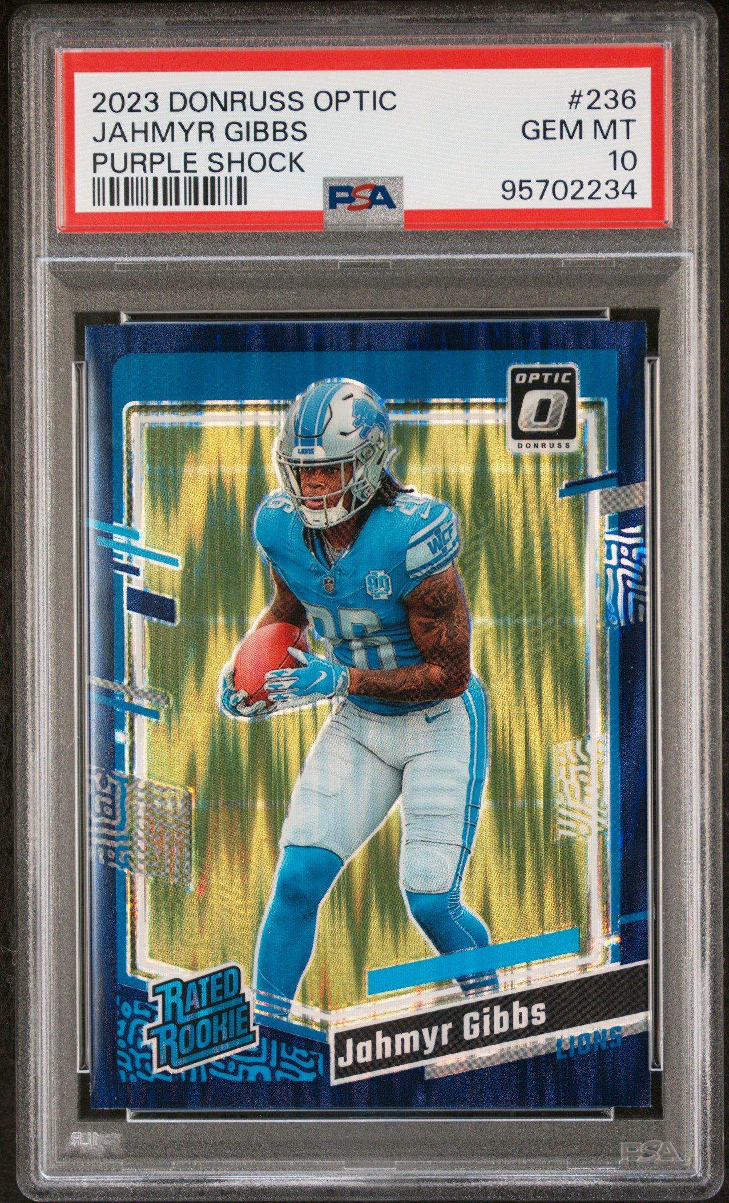 2023 Panini Donruss Optic 236 Jahmyr Gibbs Purple Shock PSA 10