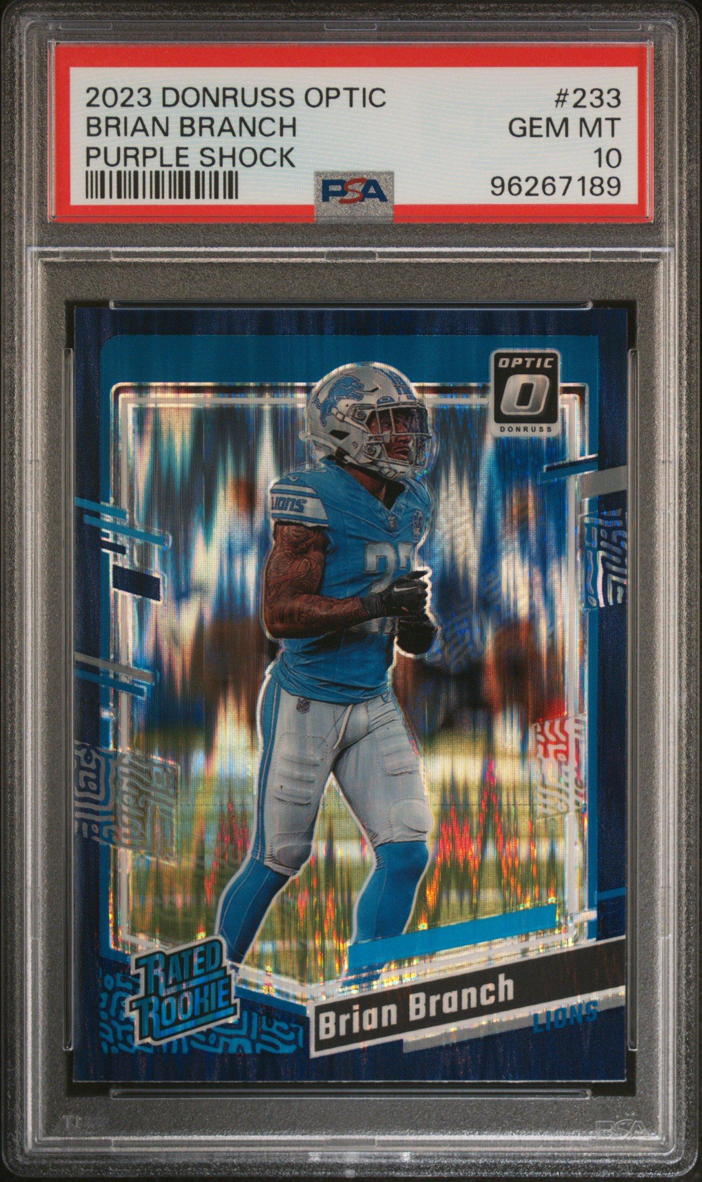 2023 Panini Donruss Optic 233 Brian Branch Purple Shock PSA 10