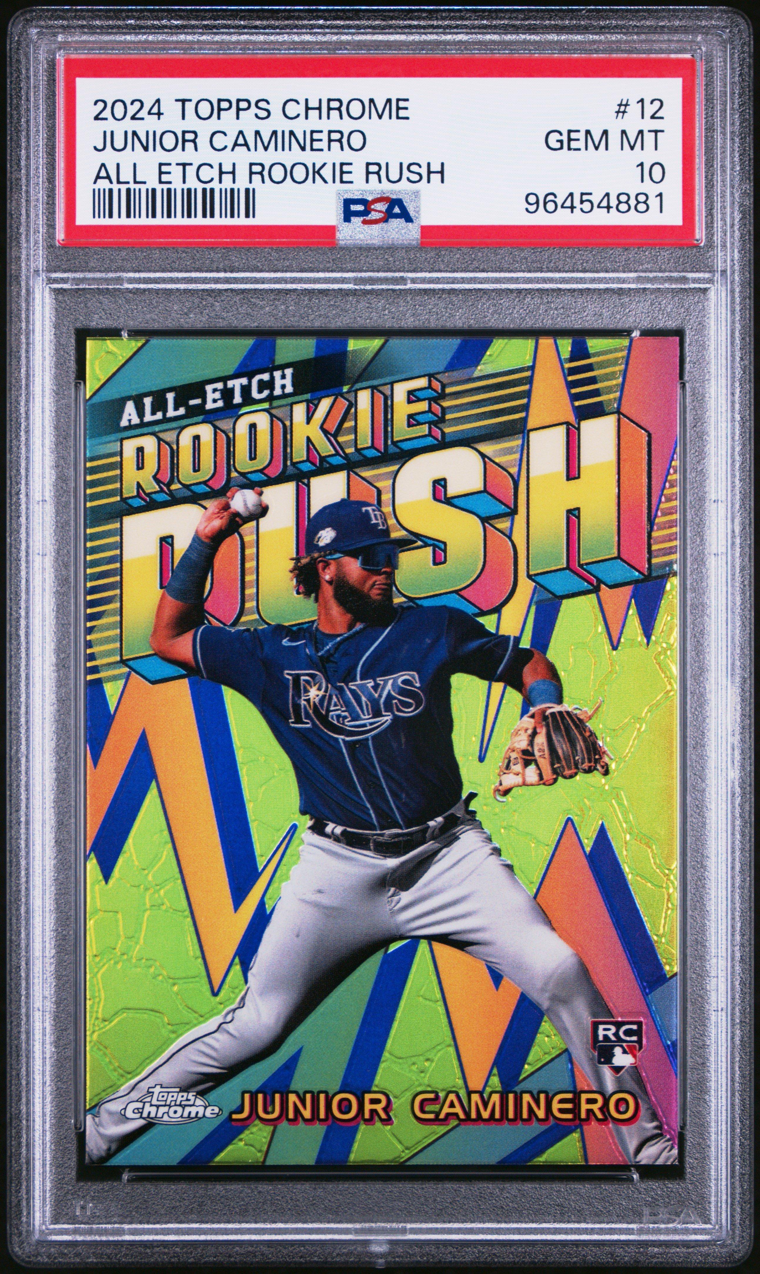 2024 Topps Chrome Chrome All Etch Rookie Rush 12 Junior Caminero PSA 10