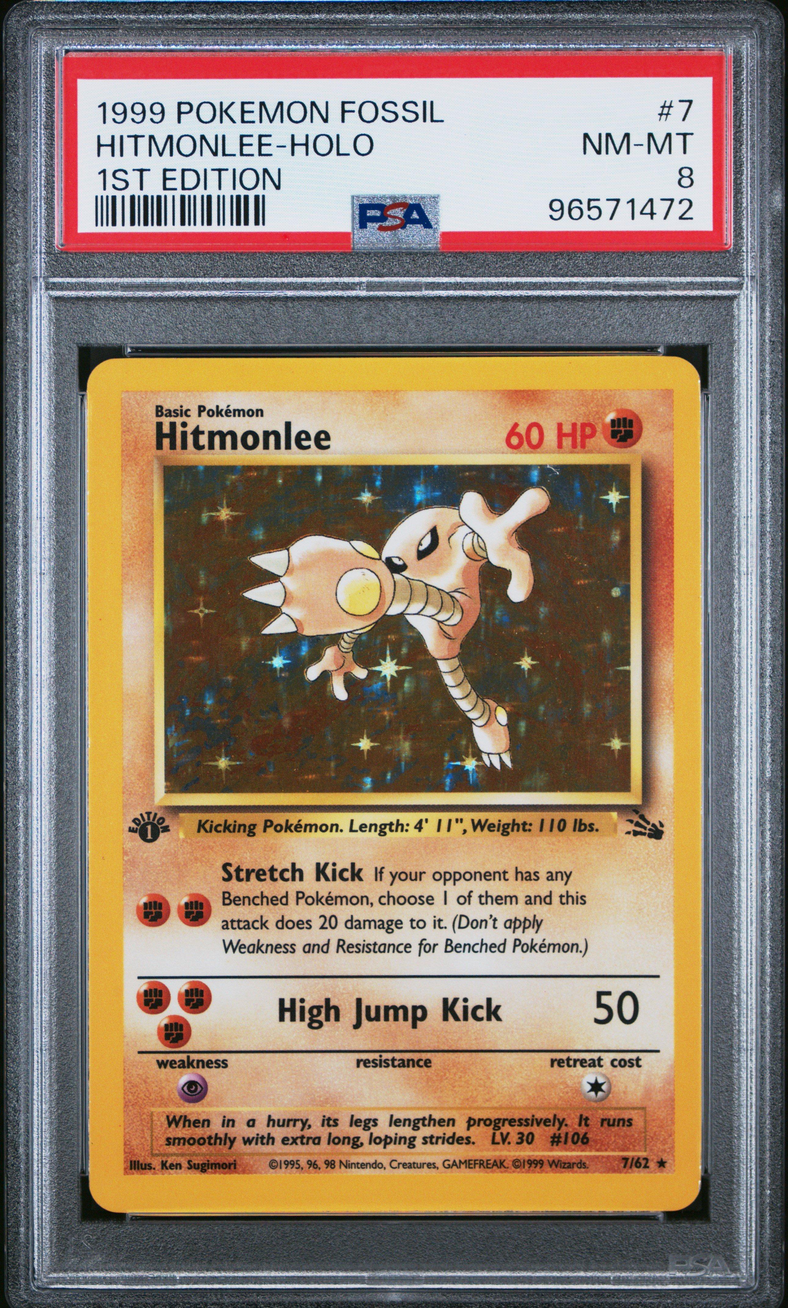 1999 Pokemon Fossil 7 Hitmonlee-holo 1st Edition PSA 8 Graded Card