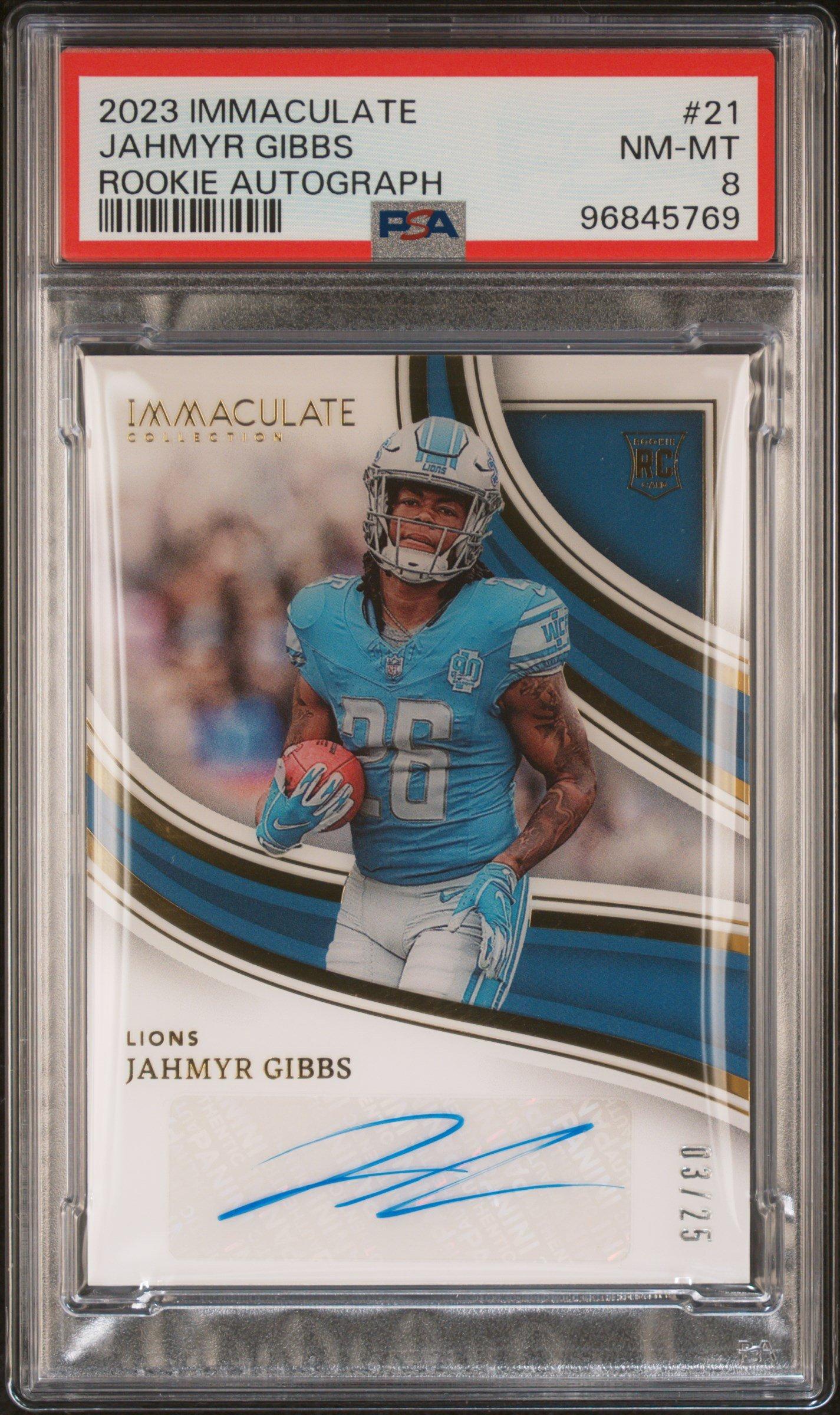 2023 Panini Immaculate Collection Rookie Autographs 21 Jahmyr Gibbs PSA 8