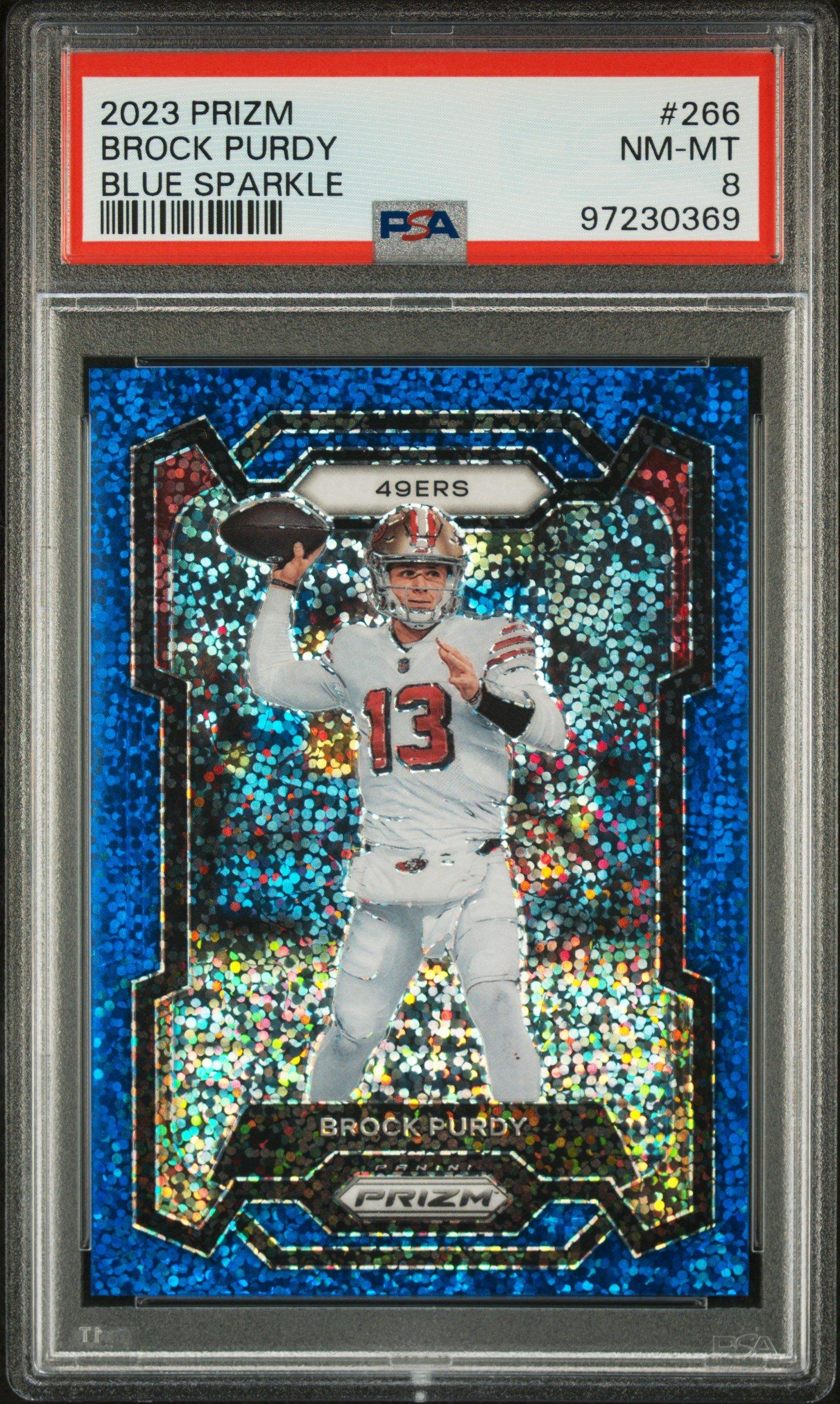 2023 Panini Prizm 266 Brock Purdy Blue Sparkle PSA 8 Graded Card
